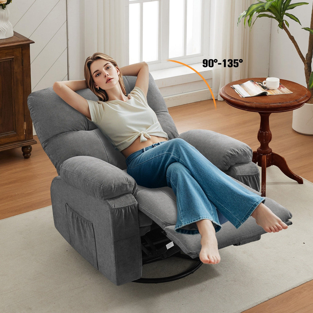 Fauteuil inclinable pivotant à 360° avec dossier réglable, fauteuil à bascule pivotant avec repose-pieds, coussins moelleux et poches latérales