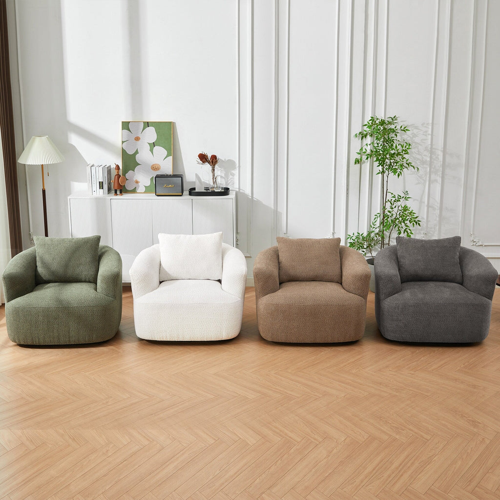 Fauteuil pivotant à 360°, fauteuil d'appoint Boucle 38,2 avec coussin décoratif, fauteuil tonneau rembourré avec accoudoirs incurvés