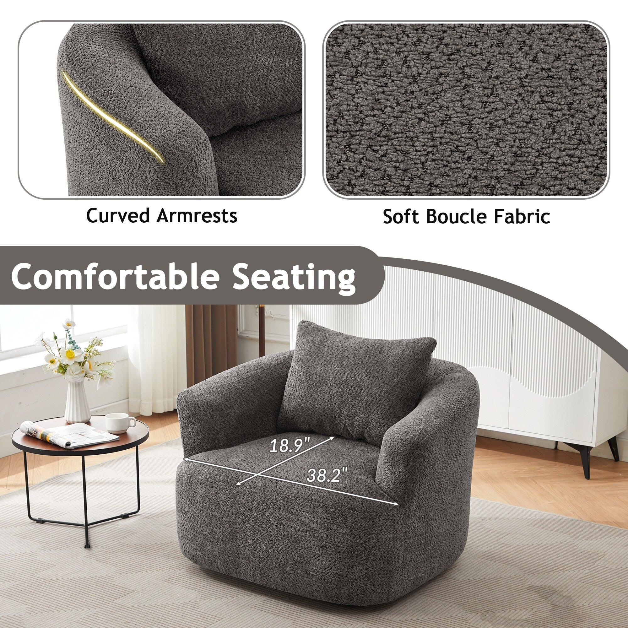 Fauteuil pivotant à 360°, fauteuil d'appoint Boucle 38,2 avec coussin décoratif, fauteuil tonneau rembourré avec accoudoirs incurvés