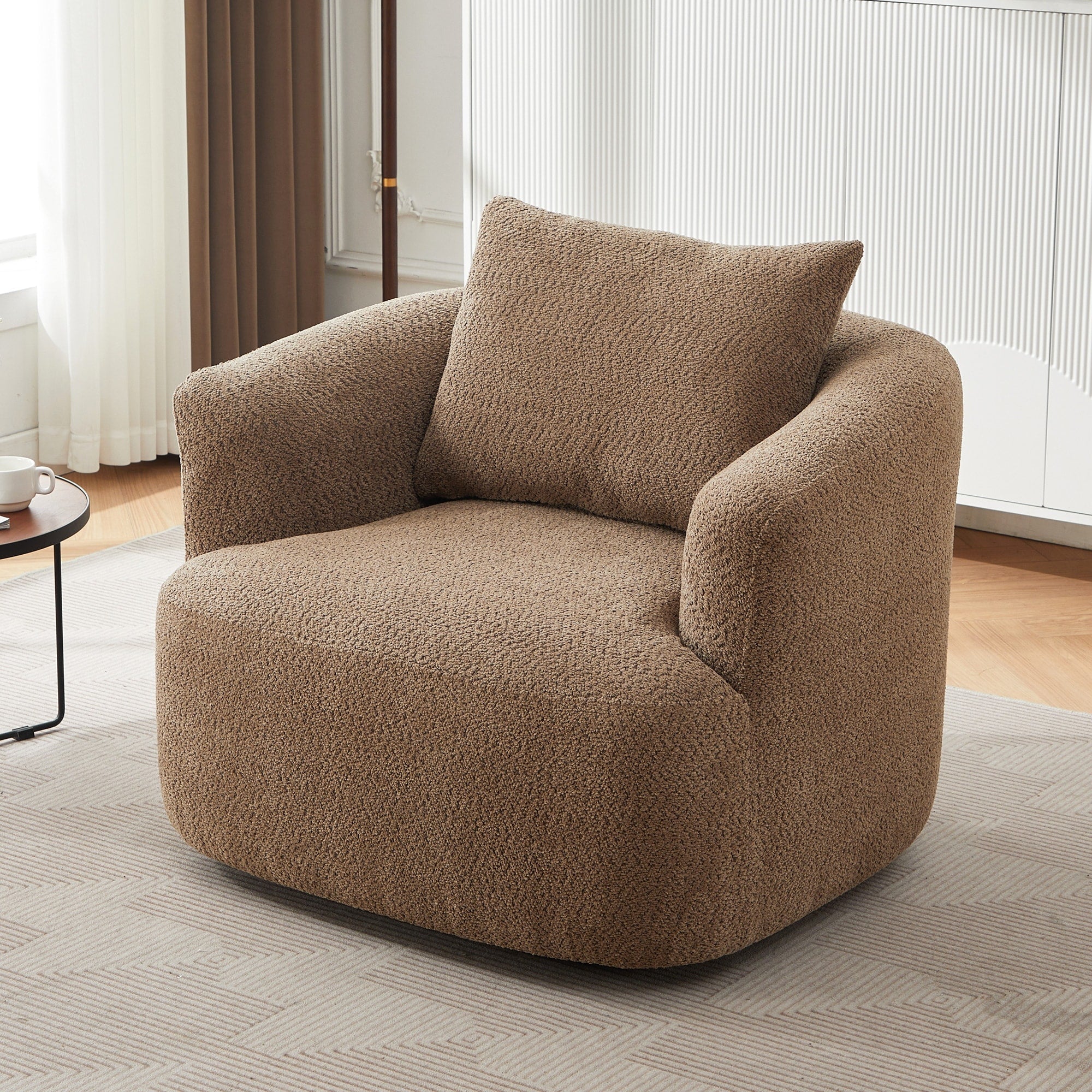 Fauteuil pivotant à 360°, fauteuil d'appoint Boucle 38,2 avec coussin décoratif, fauteuil tonneau rembourré avec accoudoirs incurvés