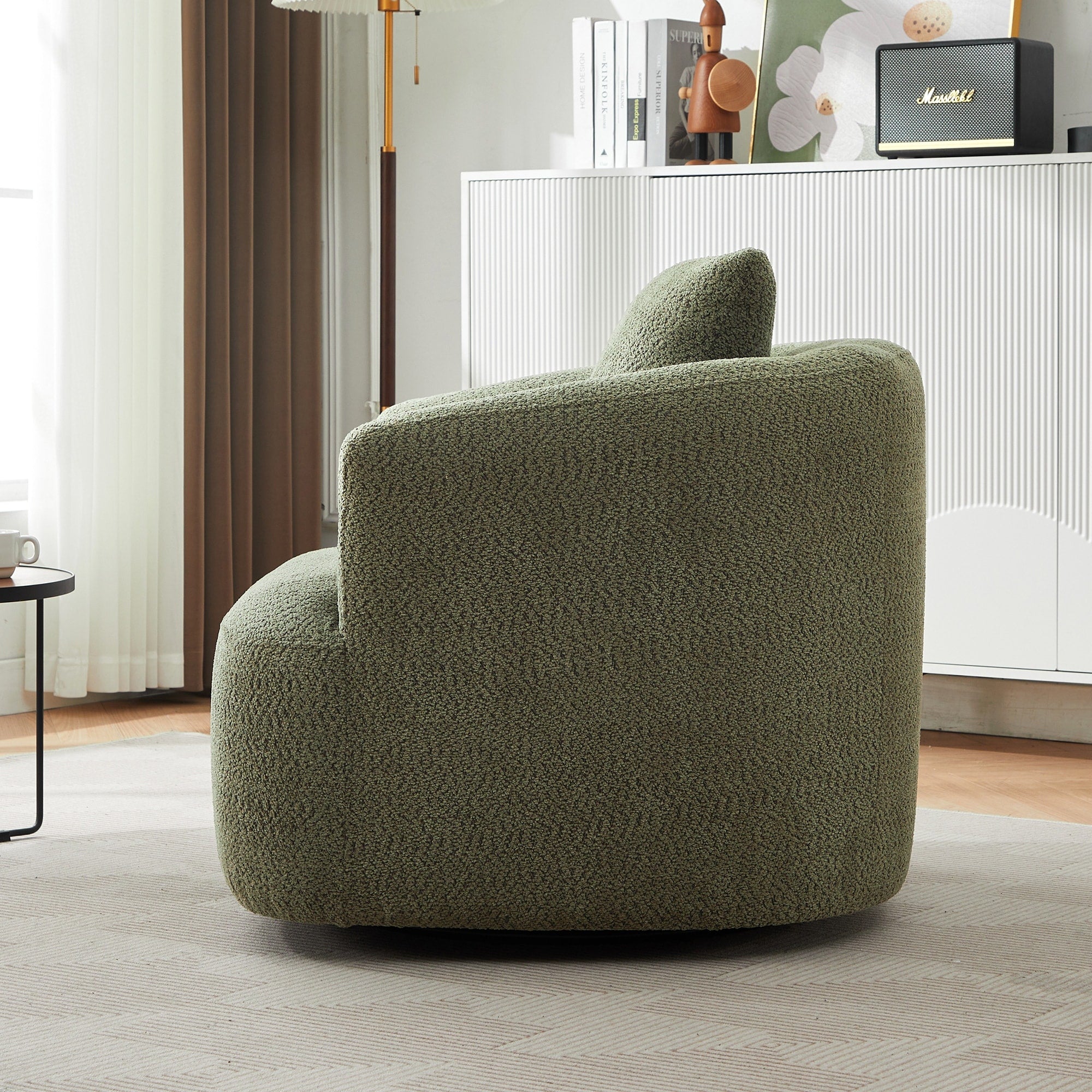Fauteuil pivotant à 360°, fauteuil d'appoint Boucle 38,2 avec coussin décoratif, fauteuil tonneau rembourré avec accoudoirs incurvés