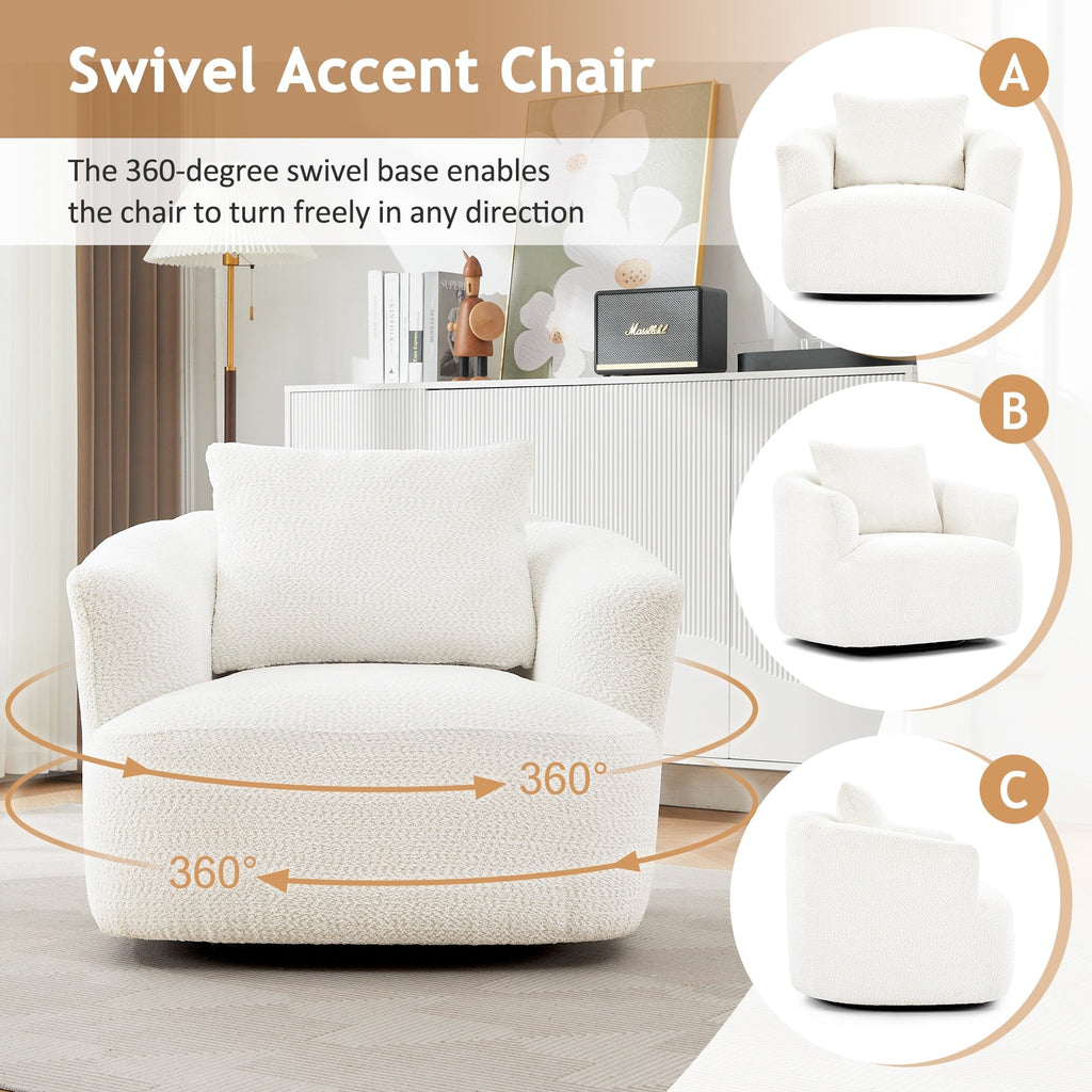 Fauteuil pivotant à 360°, fauteuil d'appoint Boucle 38,2 avec coussin décoratif, fauteuil tonneau rembourré avec accoudoirs incurvés