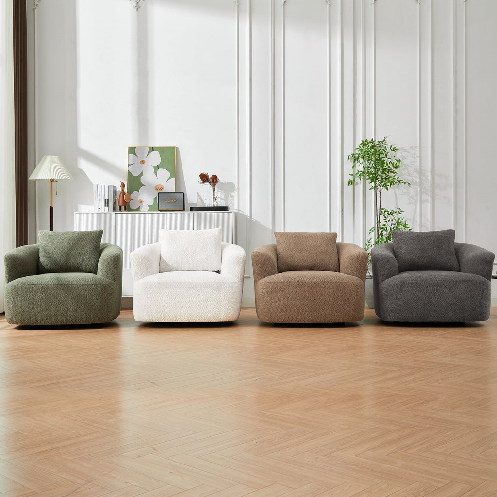 Fauteuil pivotant à 360°, fauteuil d'appoint Boucle 38,2 avec coussin décoratif, fauteuil tonneau rembourré avec accoudoirs incurvés