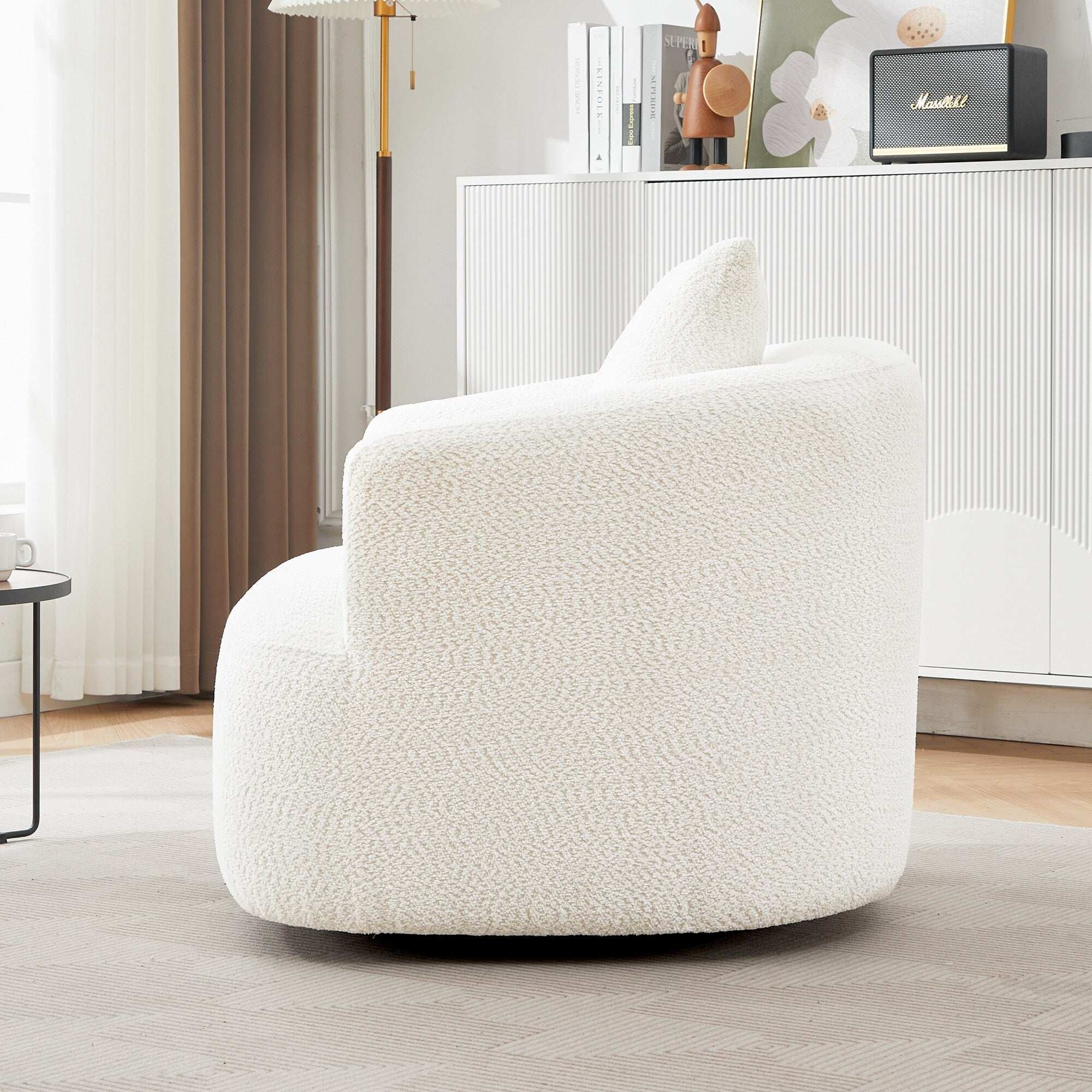 Fauteuil pivotant à 360°, fauteuil d'appoint Boucle 38,2 avec coussin décoratif, fauteuil tonneau rembourré avec accoudoirs incurvés