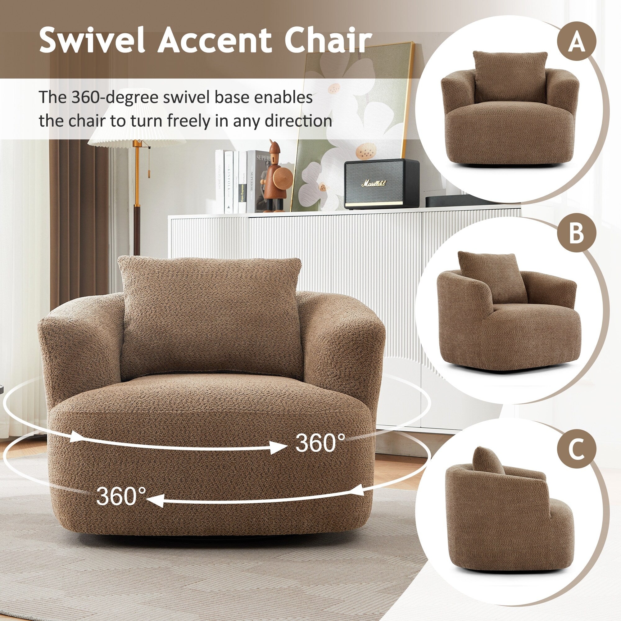 Fauteuil pivotant à 360°, fauteuil d'appoint Boucle 38,2 avec coussin décoratif, fauteuil tonneau rembourré avec accoudoirs incurvés