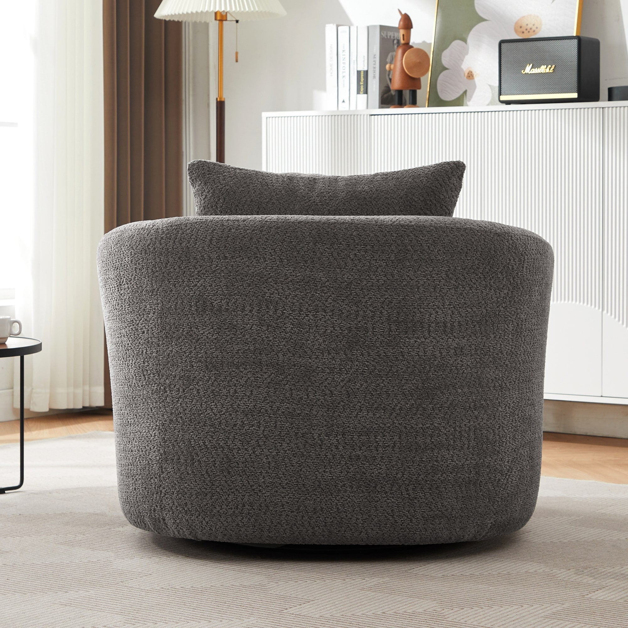 Fauteuil pivotant à 360°, fauteuil d'appoint Boucle 38,2 avec coussin décoratif, fauteuil tonneau rembourré avec accoudoirs incurvés