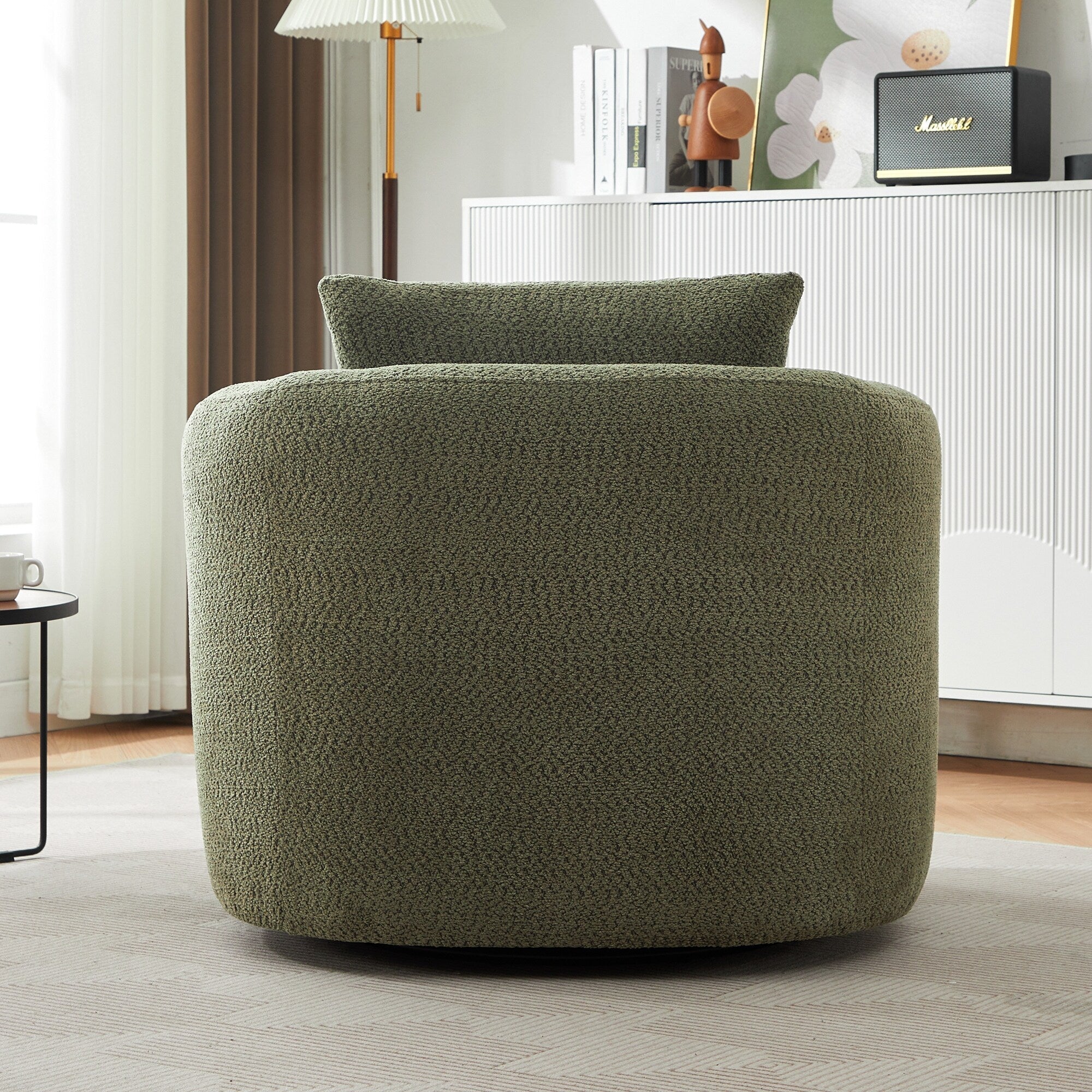 Fauteuil pivotant à 360°, fauteuil d'appoint Boucle 38,2 avec coussin décoratif, fauteuil tonneau rembourré avec accoudoirs incurvés