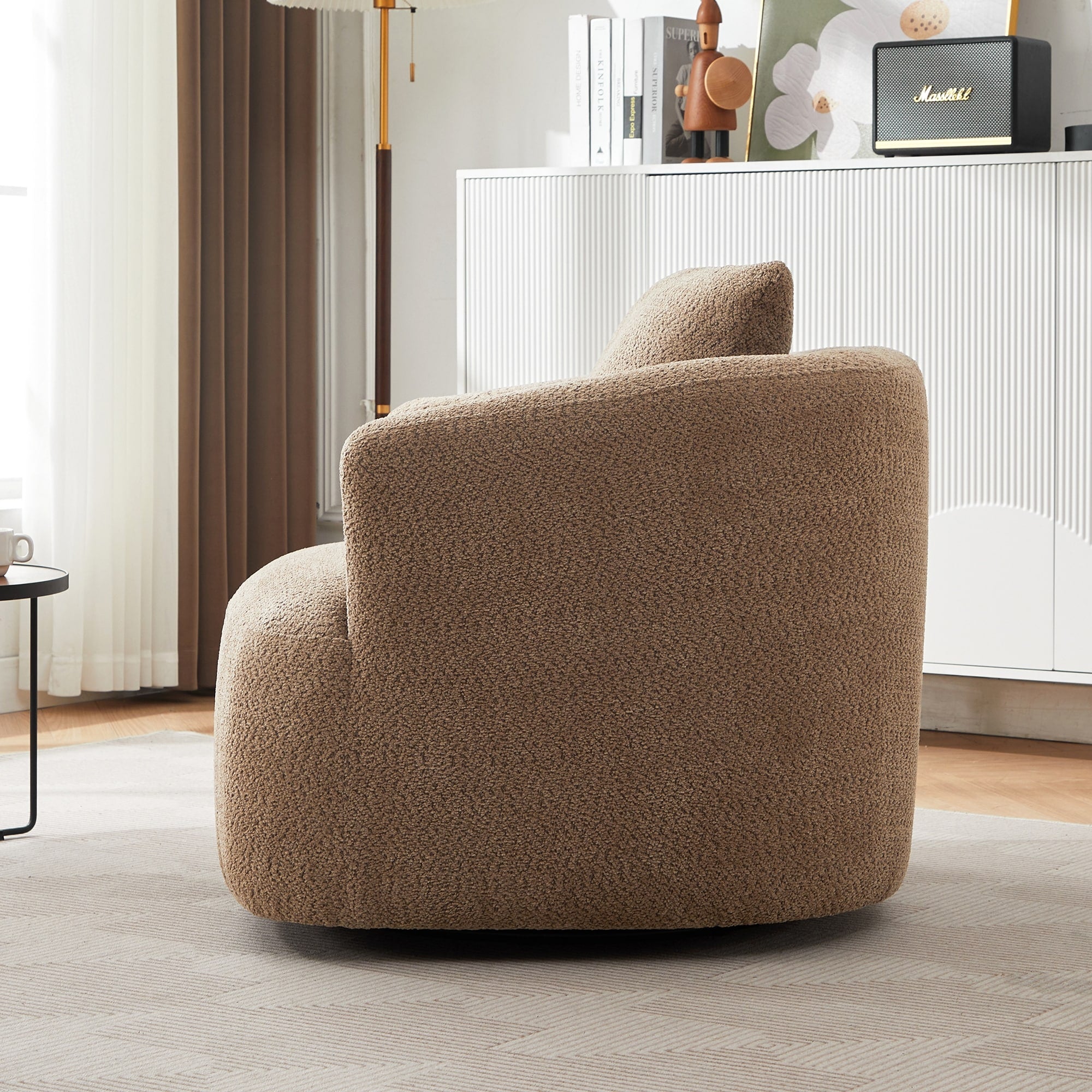 Fauteuil pivotant à 360°, fauteuil d'appoint Boucle 38,2 avec coussin décoratif, fauteuil tonneau rembourré avec accoudoirs incurvés