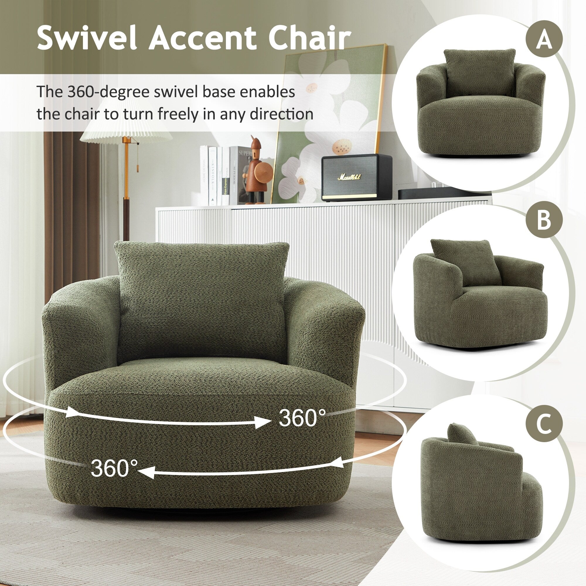 Fauteuil pivotant à 360°, fauteuil d'appoint Boucle 38,2 avec coussin décoratif, fauteuil tonneau rembourré avec accoudoirs incurvés