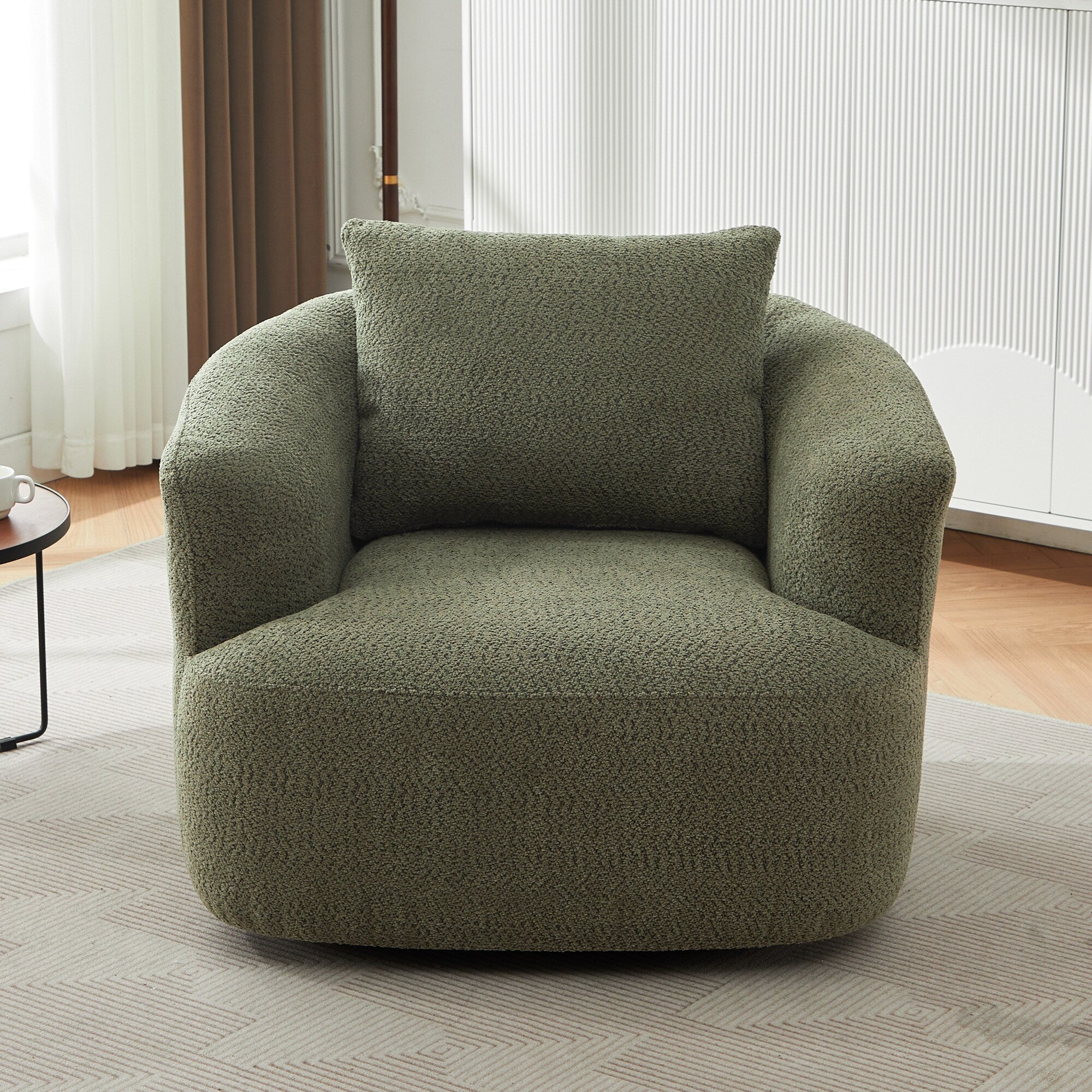 Fauteuil pivotant à 360°, fauteuil d'appoint Boucle 38,2 avec coussin décoratif, fauteuil tonneau rembourré avec accoudoirs incurvés