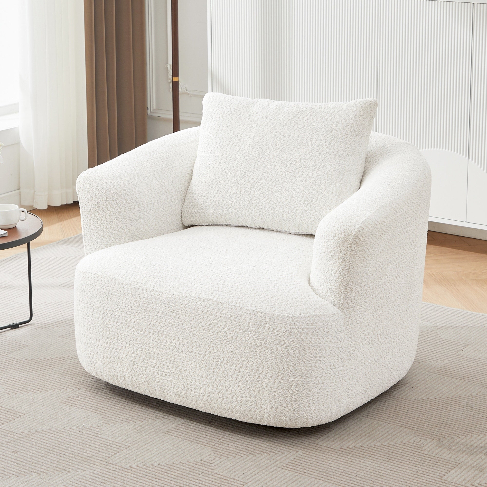 Fauteuil pivotant à 360°, fauteuil d'appoint Boucle 38,2 avec coussin décoratif, fauteuil tonneau rembourré avec accoudoirs incurvés