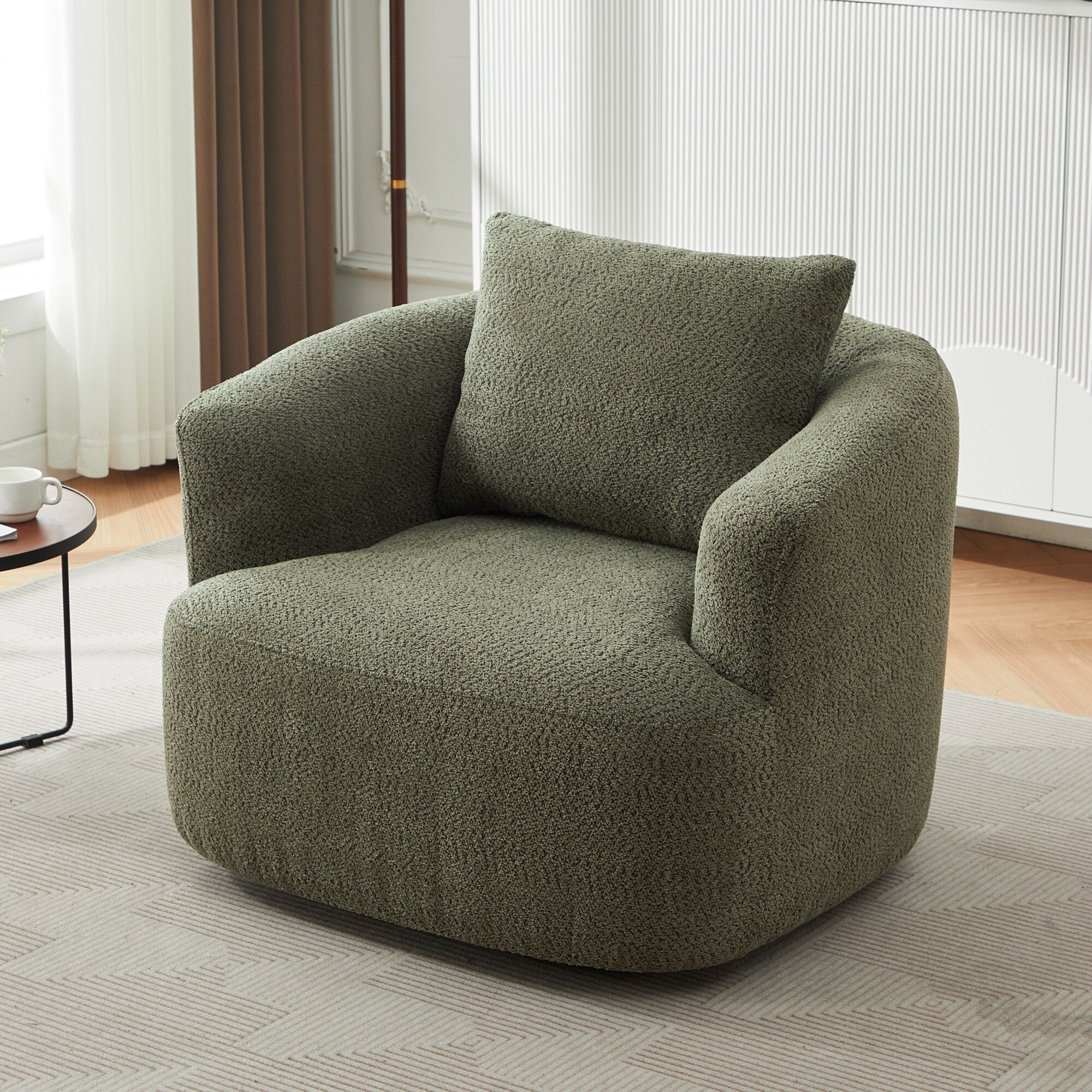Fauteuil pivotant à 360°, fauteuil d'appoint Boucle 38,2 avec coussin décoratif, fauteuil tonneau rembourré avec accoudoirs incurvés