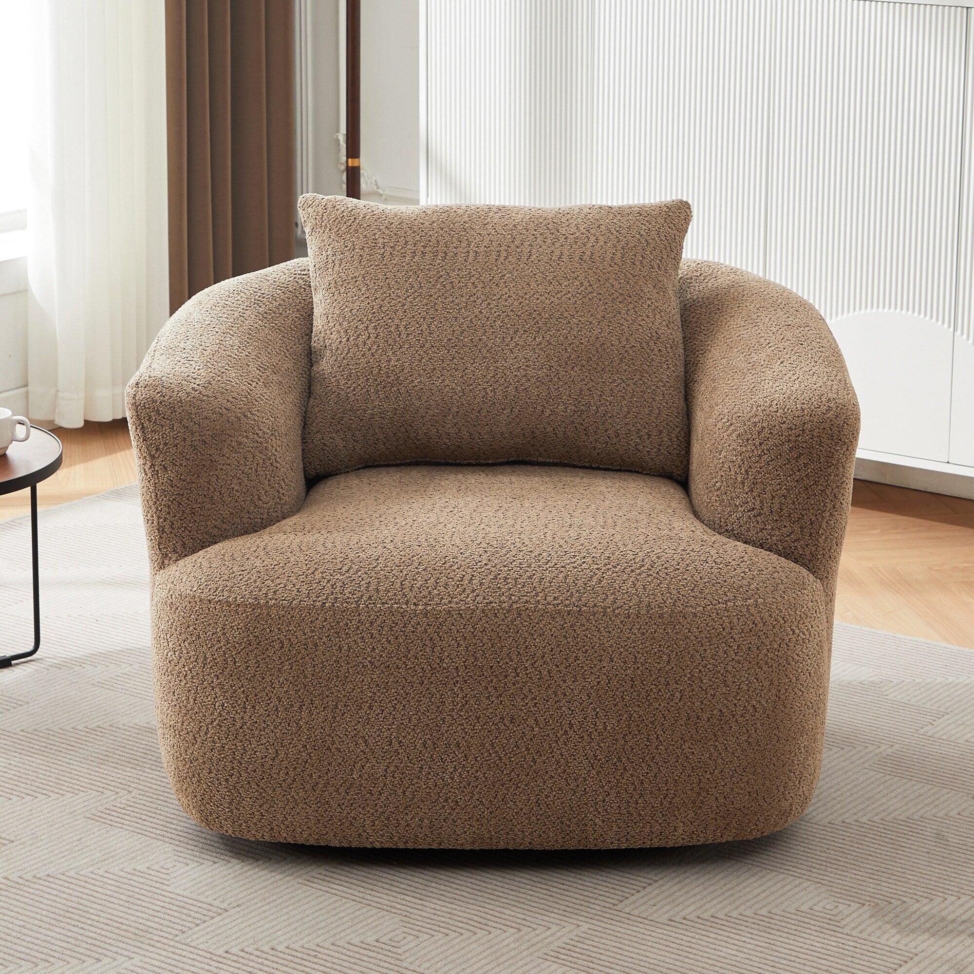 Fauteuil pivotant à 360°, fauteuil d'appoint Boucle 38,2 avec coussin décoratif, fauteuil tonneau rembourré avec accoudoirs incurvés