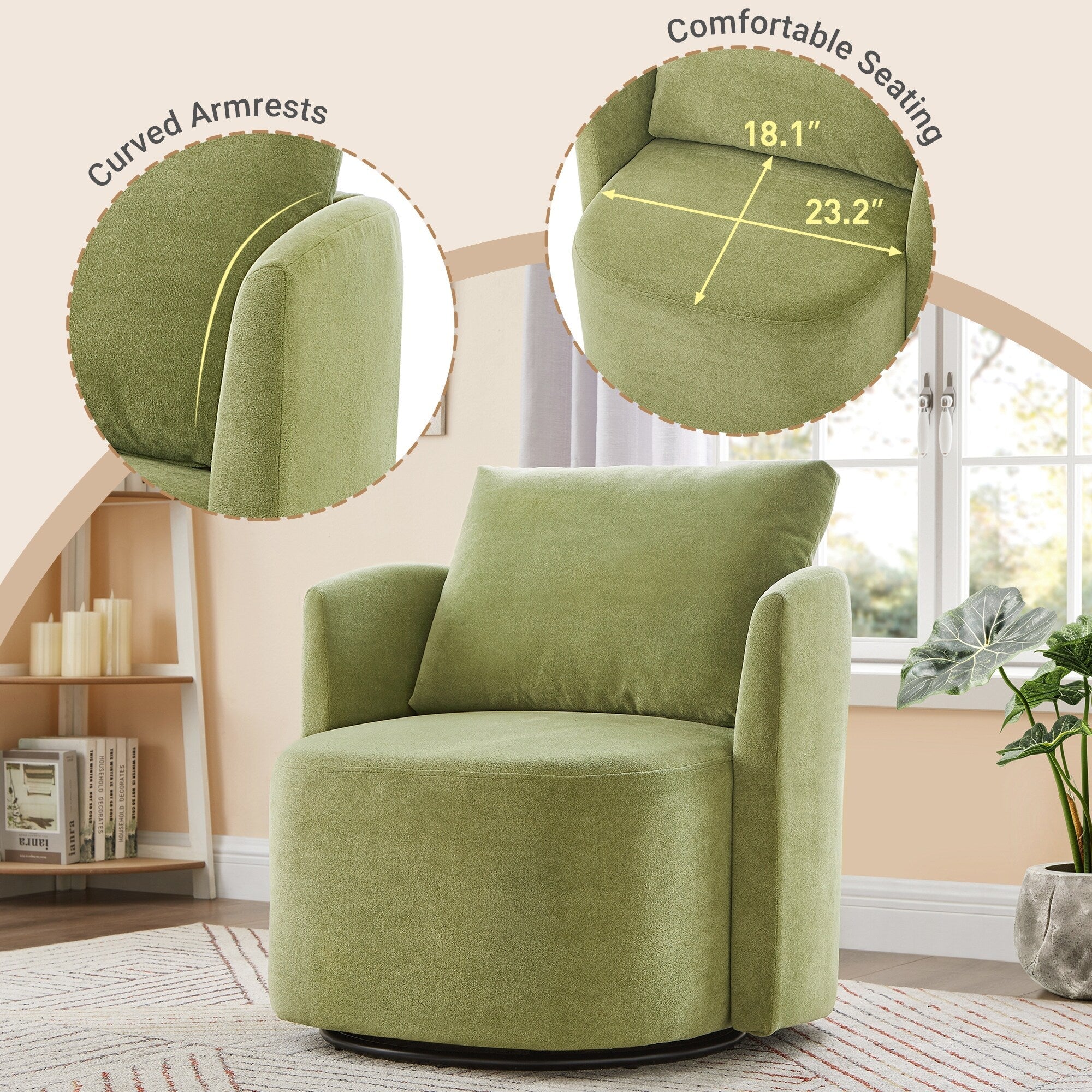 Fauteuil pivotant à 360°, fauteuil tonneau en chenille, fauteuil de salon design incurvé, fauteuil pivotant rembourré pour salon