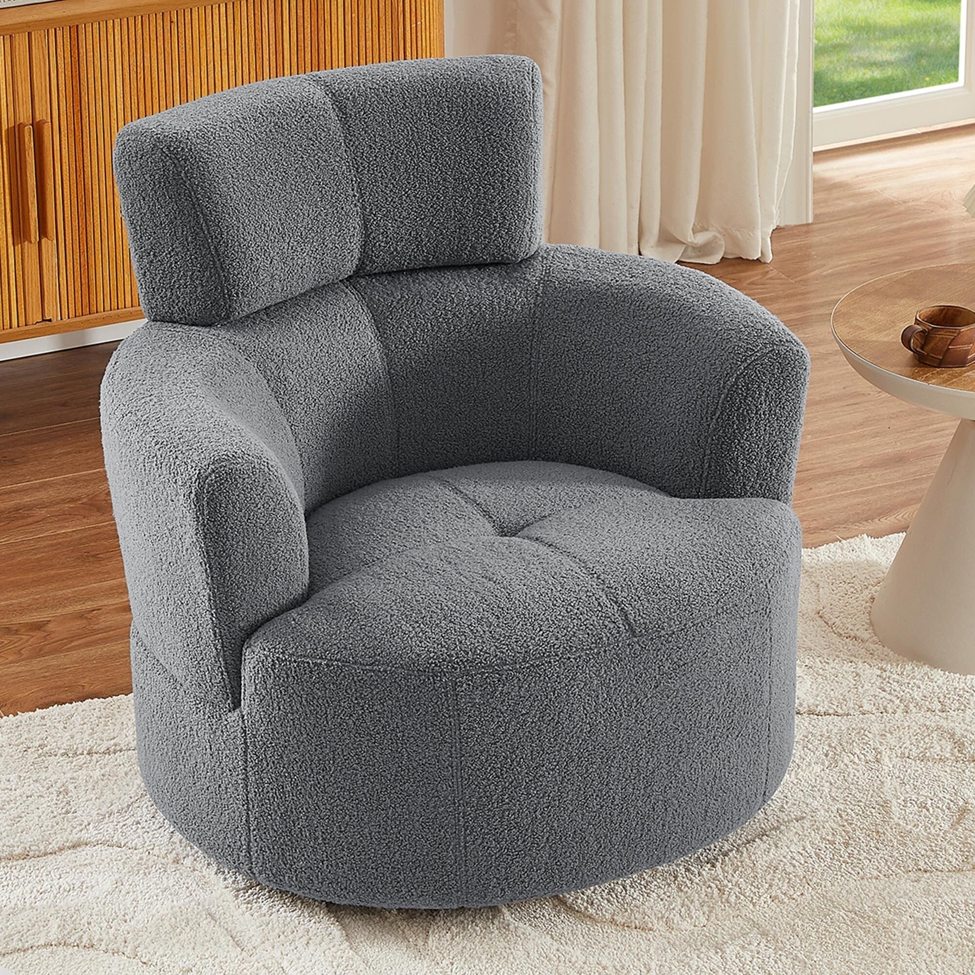 Fauteuil pivotant à 360°, fauteuil tonneau rembourré avec appui-tête réglable, fauteuil rond pivotant moderne pour salon