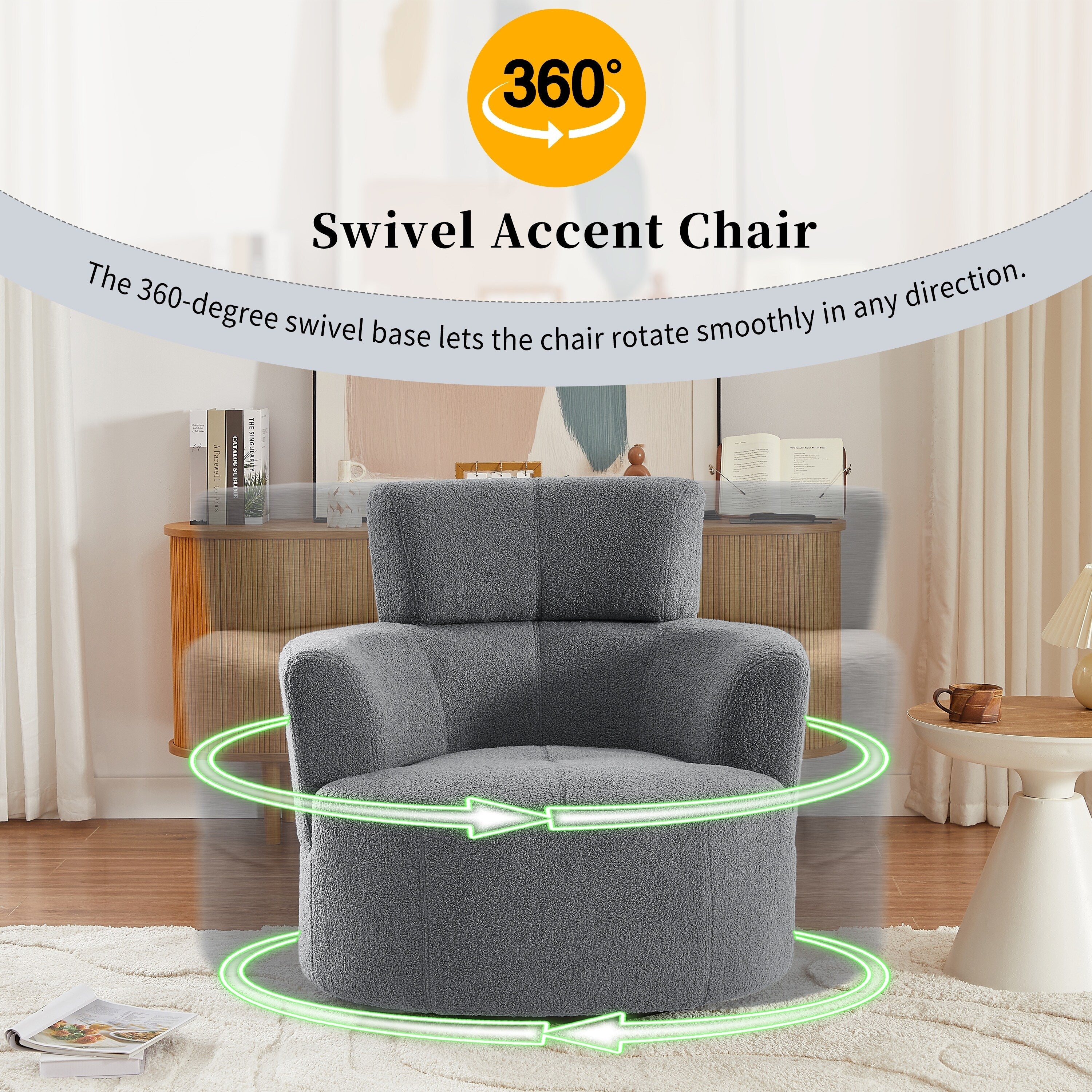 Fauteuil pivotant à 360°, fauteuil tonneau rembourré avec appui-tête réglable, fauteuil rond pivotant moderne pour salon