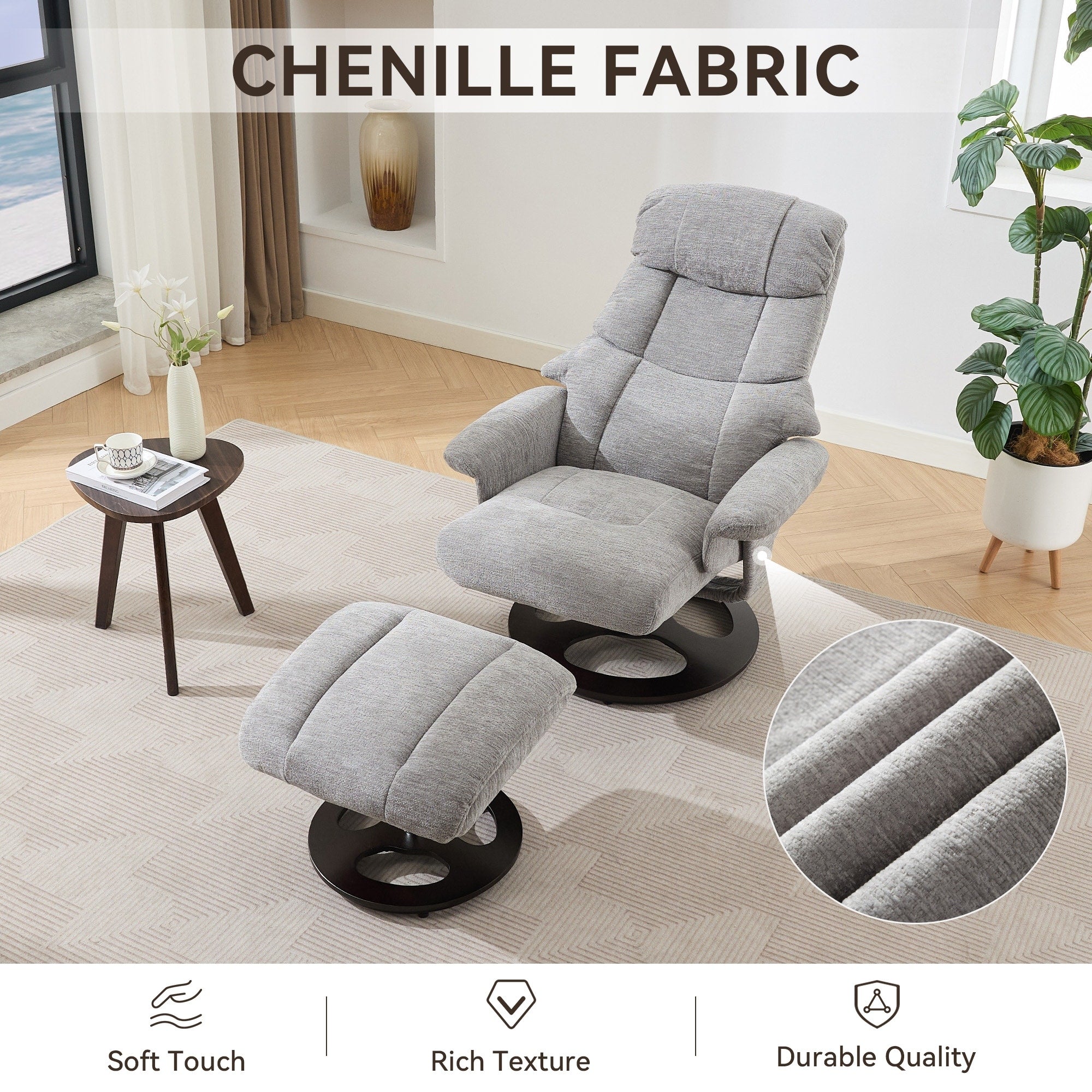 Fauteuil inclinable ergonomique pivotant à 360° avec repose-pieds, dossier réglable, massage par 5 vibrations, siège chauffant, tissu chenille