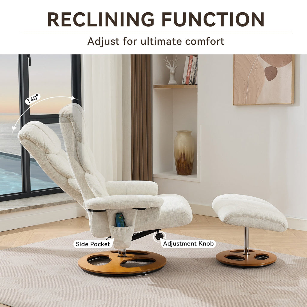 Fauteuil inclinable ergonomique pivotant à 360° avec repose-pieds, dossier réglable, massage par 5 vibrations, siège chauffant, tissu chenille