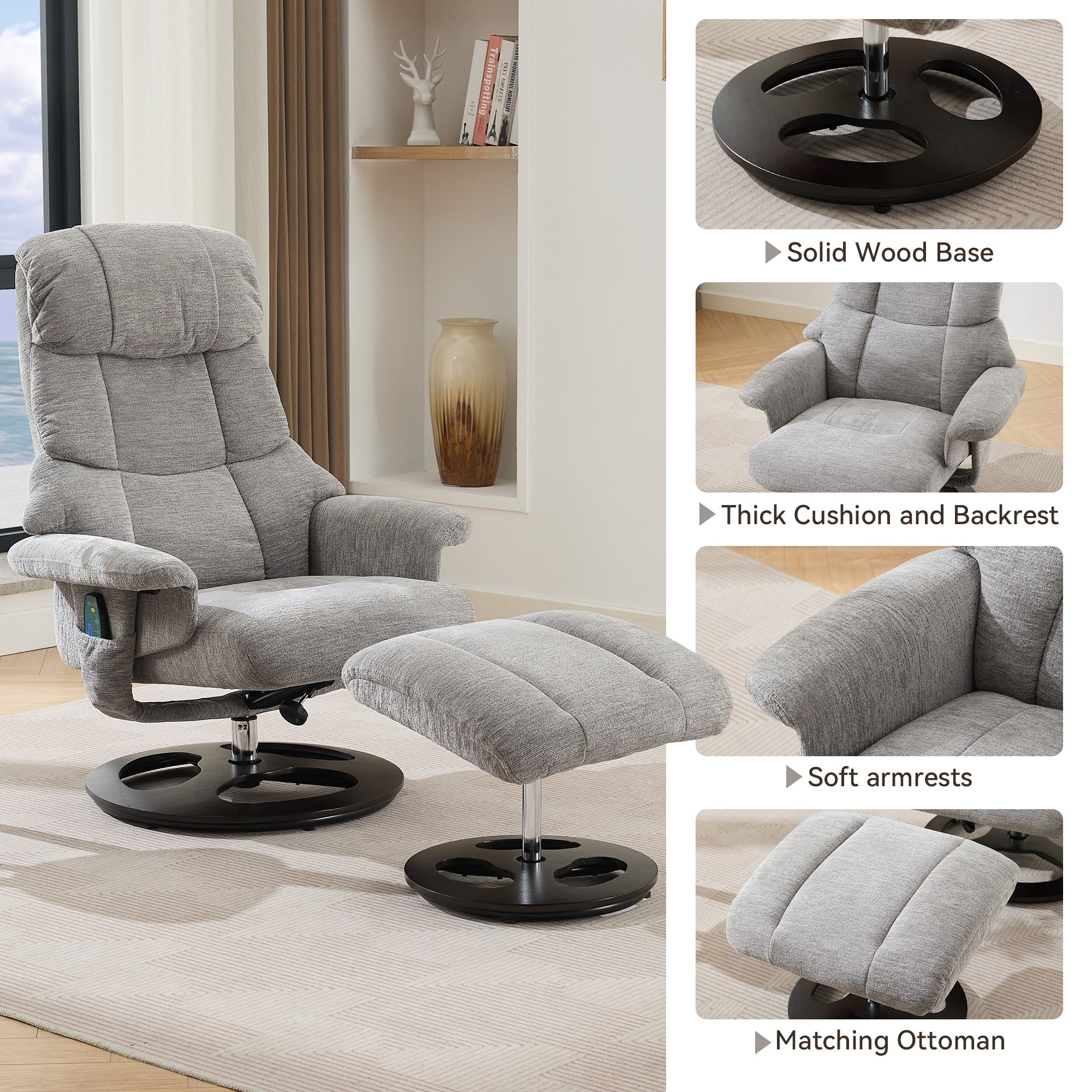 Fauteuil inclinable ergonomique pivotant à 360° avec repose-pieds, dossier réglable, massage par 5 vibrations, siège chauffant, tissu chenille