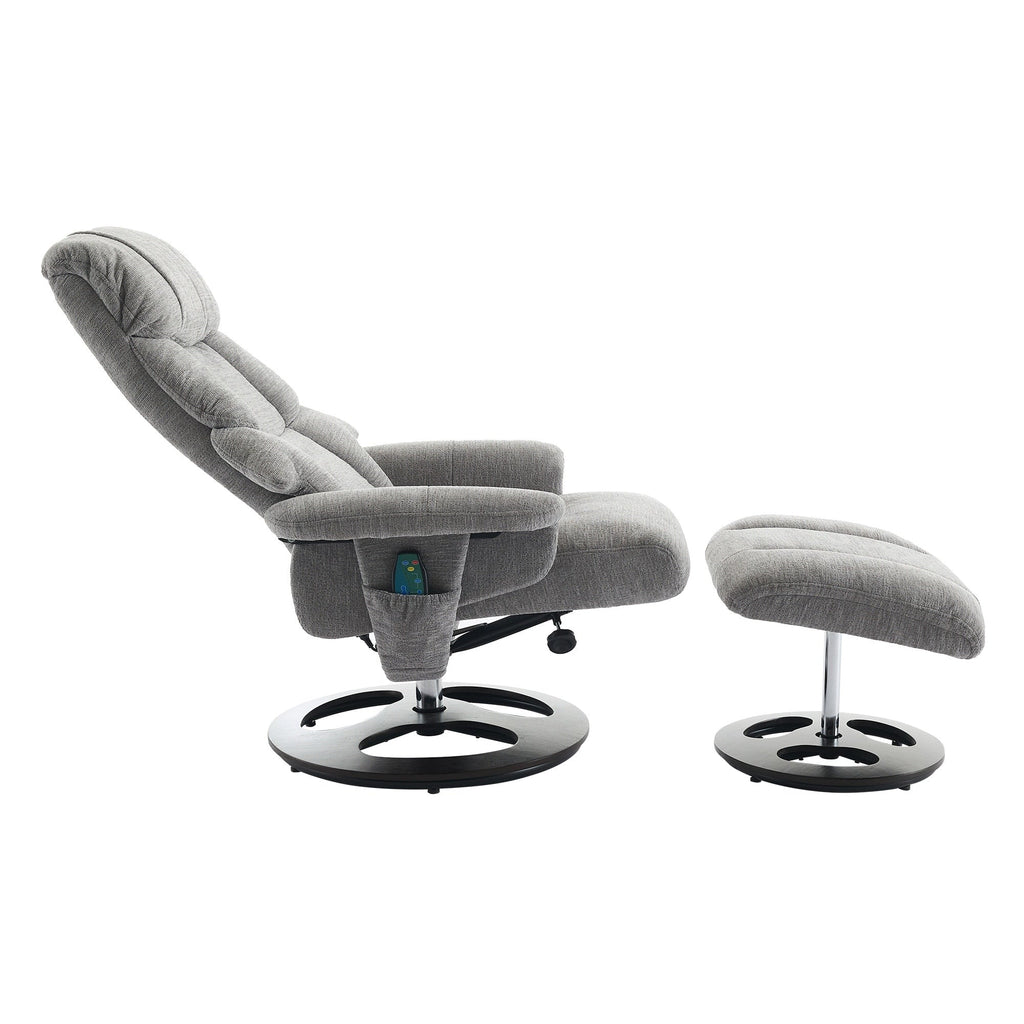 Fauteuil inclinable ergonomique pivotant à 360° avec repose-pieds, dossier réglable, massage par 5 vibrations, siège chauffant, tissu chenille
