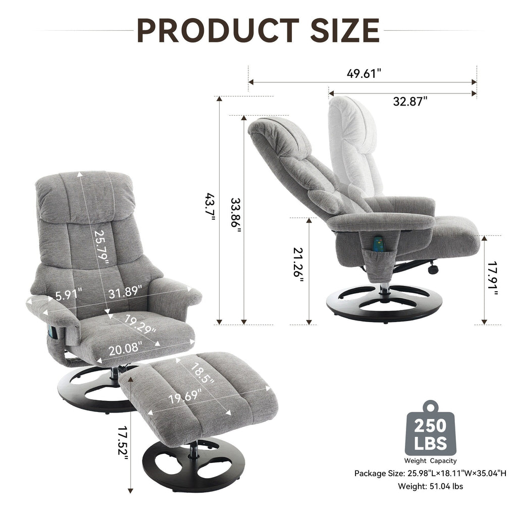 Fauteuil inclinable ergonomique pivotant à 360° avec repose-pieds, dossier réglable, massage par 5 vibrations, siège chauffant, tissu chenille