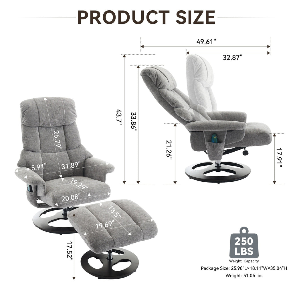 Fauteuil inclinable ergonomique pivotant à 360° avec repose-pieds, dossier réglable, massage par 5 vibrations, siège chauffant, tissu chenille
