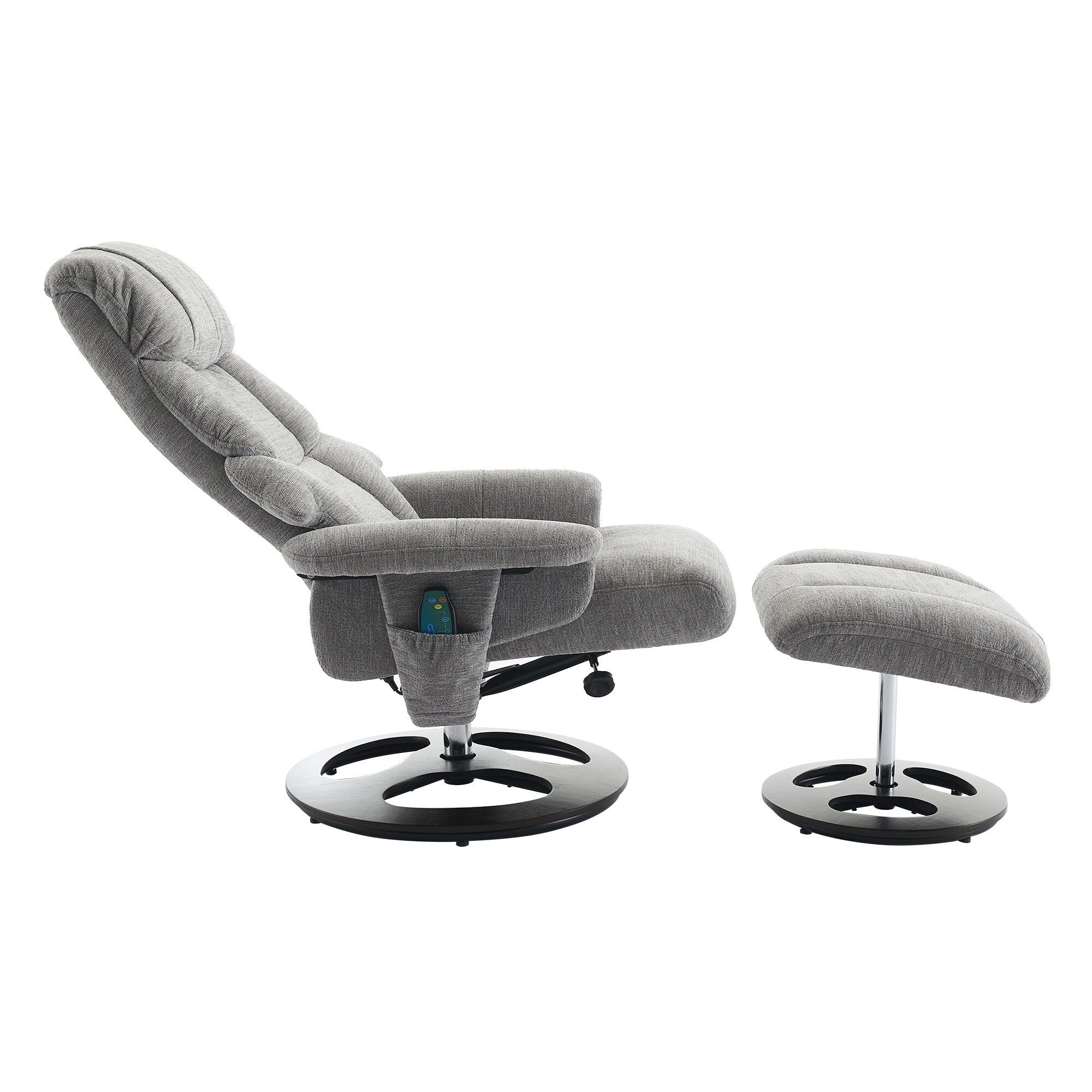 Fauteuil inclinable ergonomique pivotant à 360° avec repose-pieds, dossier réglable, massage par 5 vibrations, siège chauffant, tissu chenille
