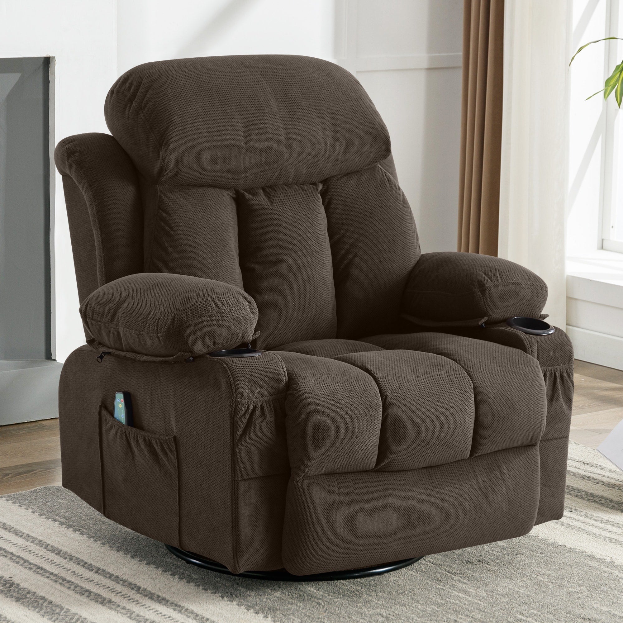 Fauteuil inclinable de massage chauffant pivotant à 360° avec chargement USB, porte-gobelets, rangement latéral et revêtement en polaire moelleux