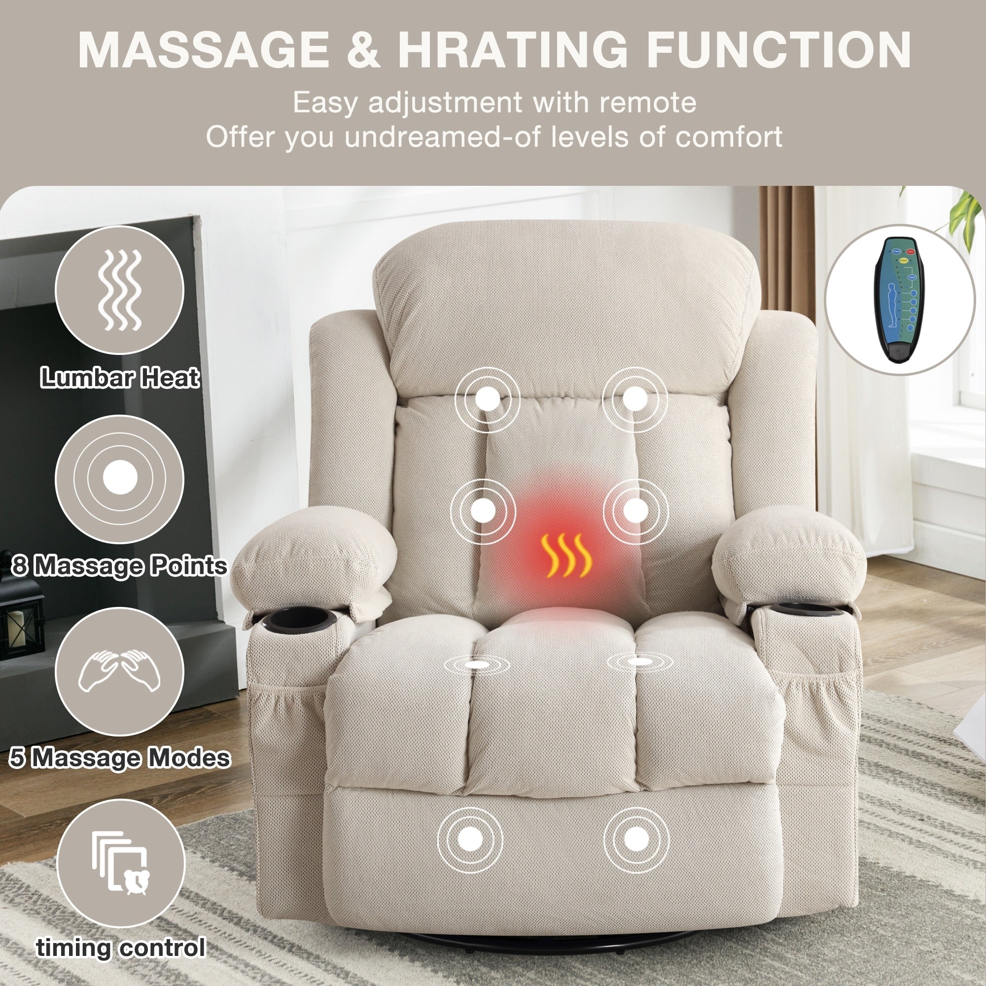 Fauteuil inclinable de massage chauffant pivotant à 360° avec chargement USB, porte-gobelets, rangement latéral et revêtement en polaire moelleux