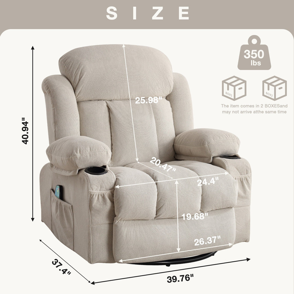 Fauteuil inclinable de massage chauffant pivotant à 360° avec chargement USB, porte-gobelets, rangement latéral et revêtement en polaire moelleux