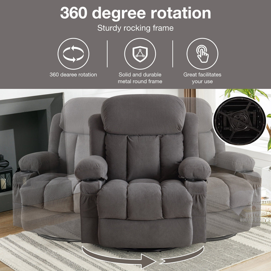Fauteuil inclinable de massage chauffant pivotant à 360° avec chargement USB, porte-gobelets, rangement latéral et revêtement en polaire moelleux
