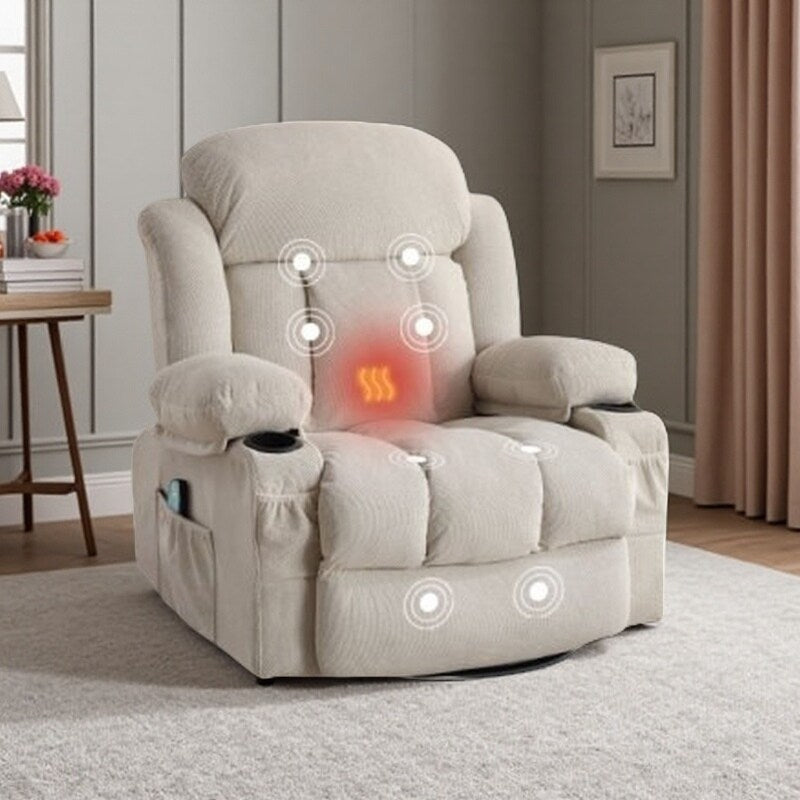 Fauteuil inclinable de massage chauffant pivotant à 360° avec chargement USB, porte-gobelets, rangement latéral et revêtement en polaire moelleux