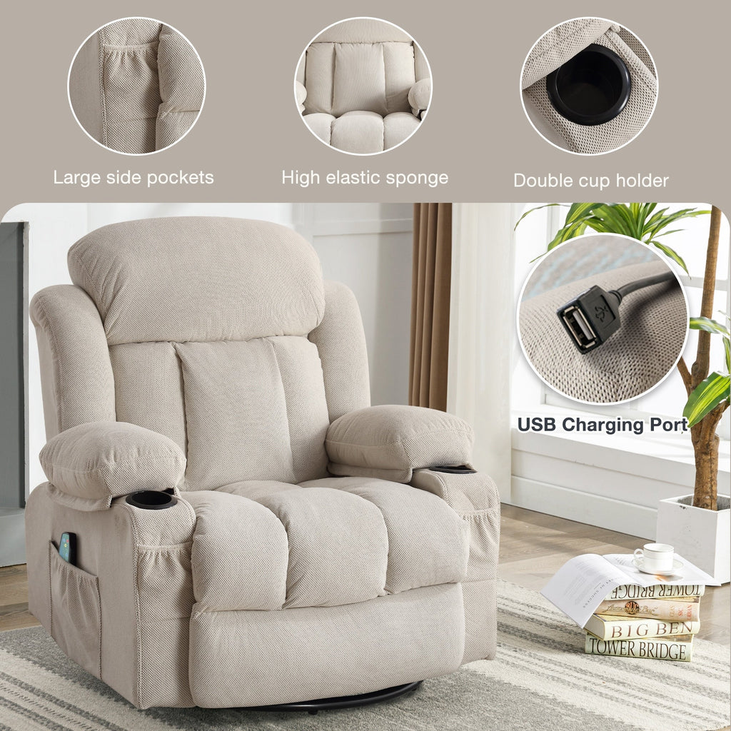 Fauteuil inclinable de massage chauffant pivotant à 360° avec chargement USB, porte-gobelets, rangement latéral et revêtement en polaire moelleux