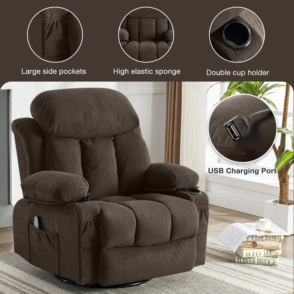 Fauteuil inclinable de massage chauffant pivotant à 360° avec chargement USB, porte-gobelets, rangement latéral et revêtement en polaire moelleux