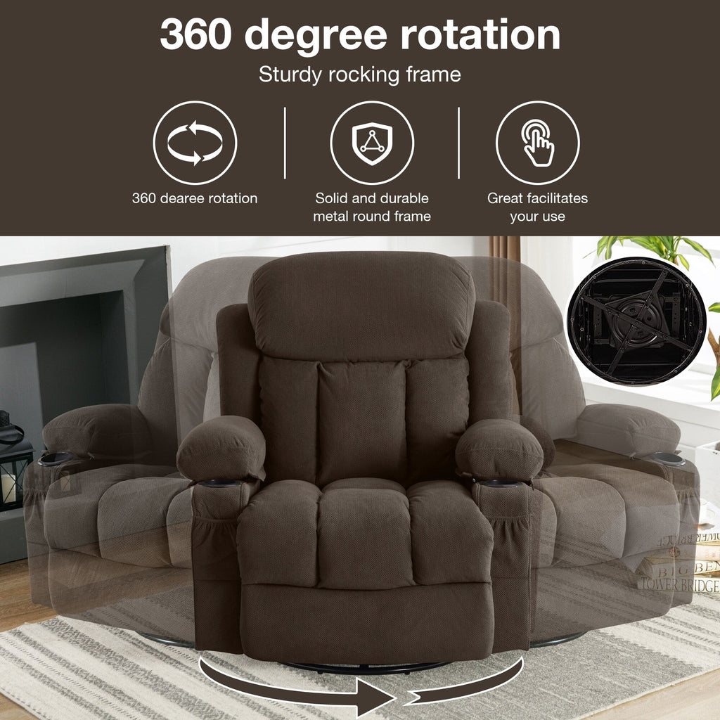 Fauteuil inclinable de massage chauffant pivotant à 360° avec chargement USB, porte-gobelets, rangement latéral et revêtement en polaire moelleux