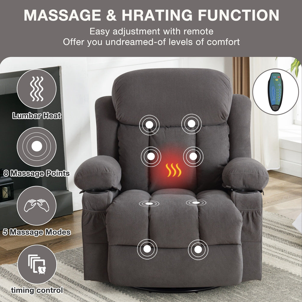 Fauteuil inclinable de massage chauffant pivotant à 360° avec chargement USB, porte-gobelets, rangement latéral et revêtement en polaire moelleux
