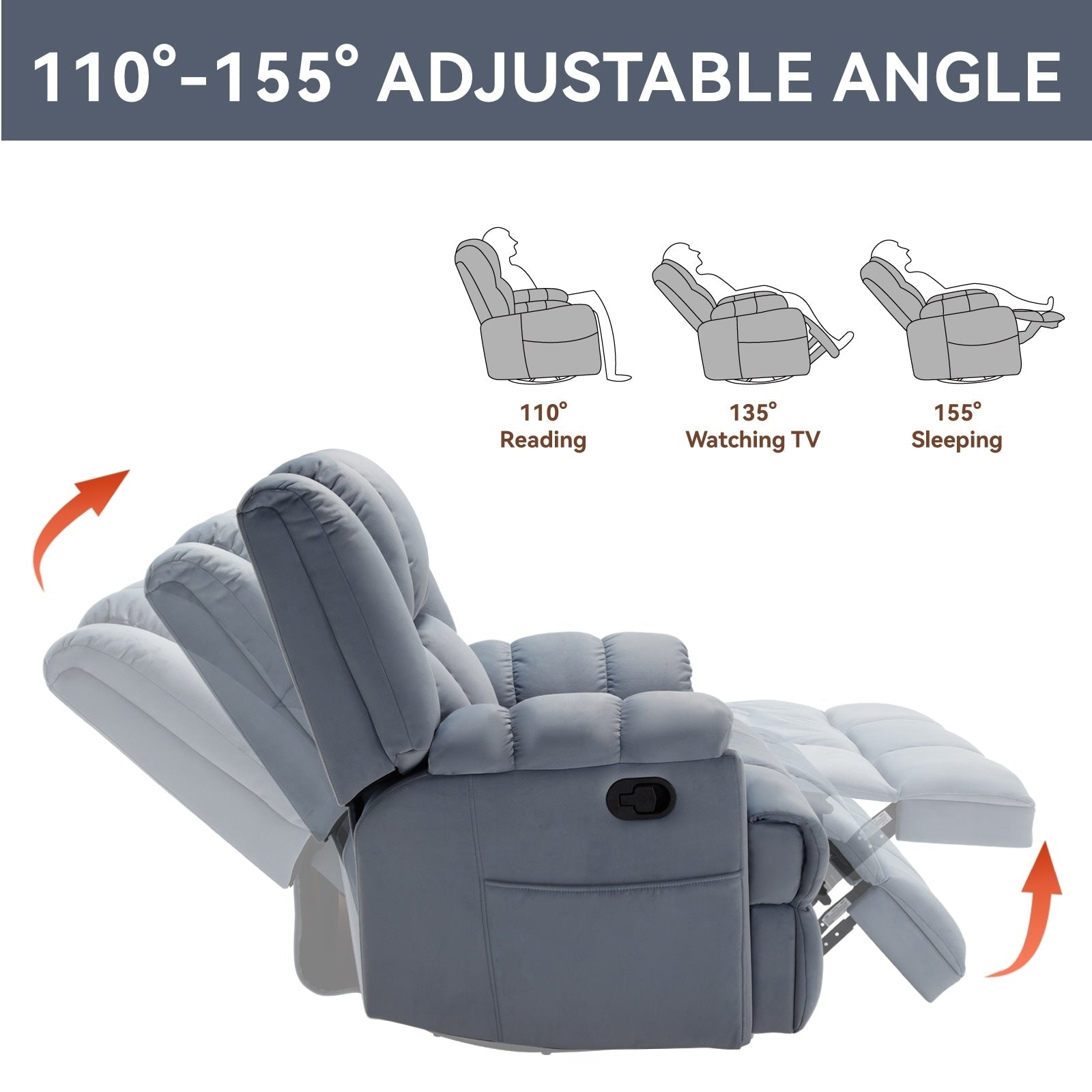 Fauteuil inclinable manuel pivotant à 360°, fauteuil inclinable en tissu à 155° avec bascule