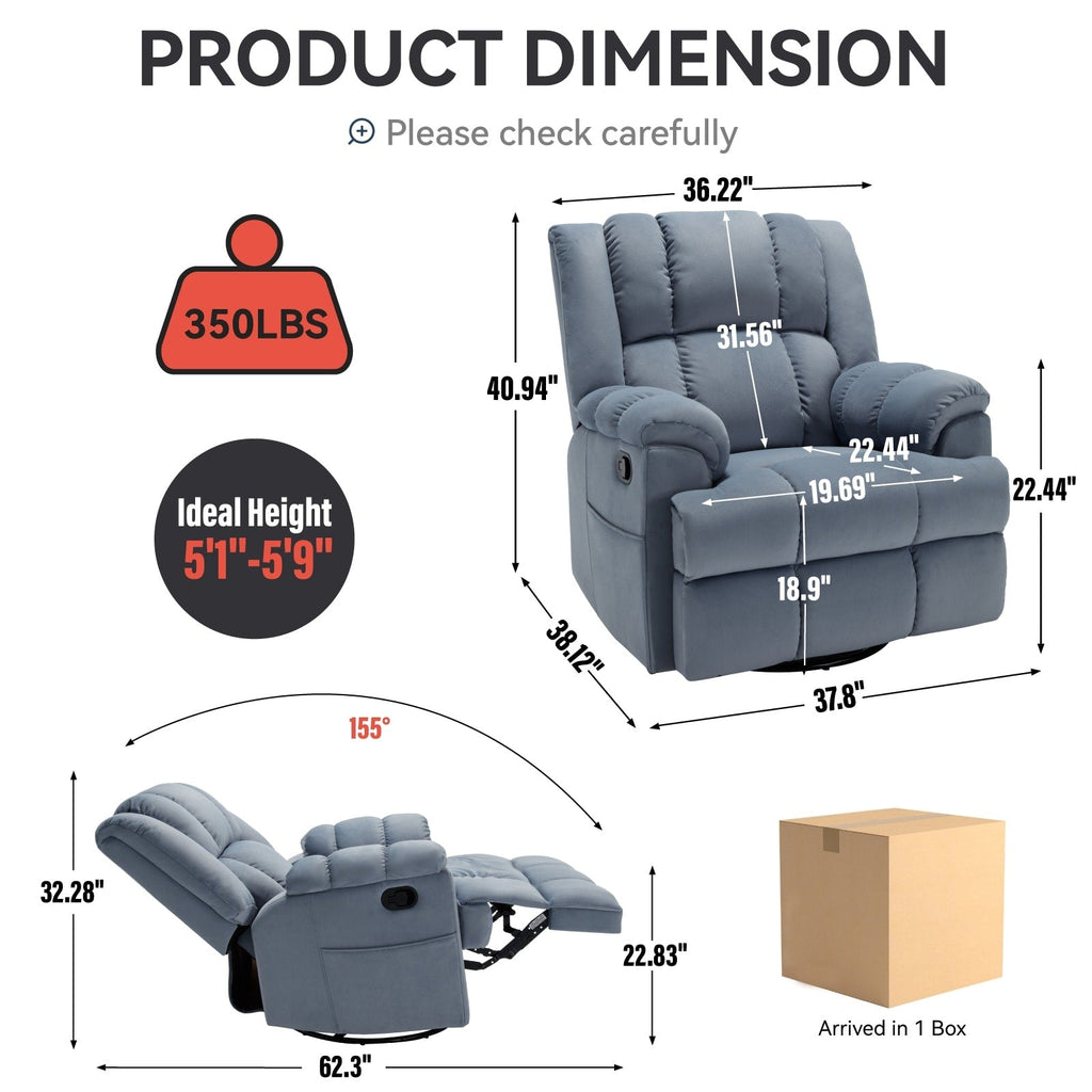 Fauteuil inclinable manuel pivotant à 360°, fauteuil inclinable en tissu à 155° avec bascule