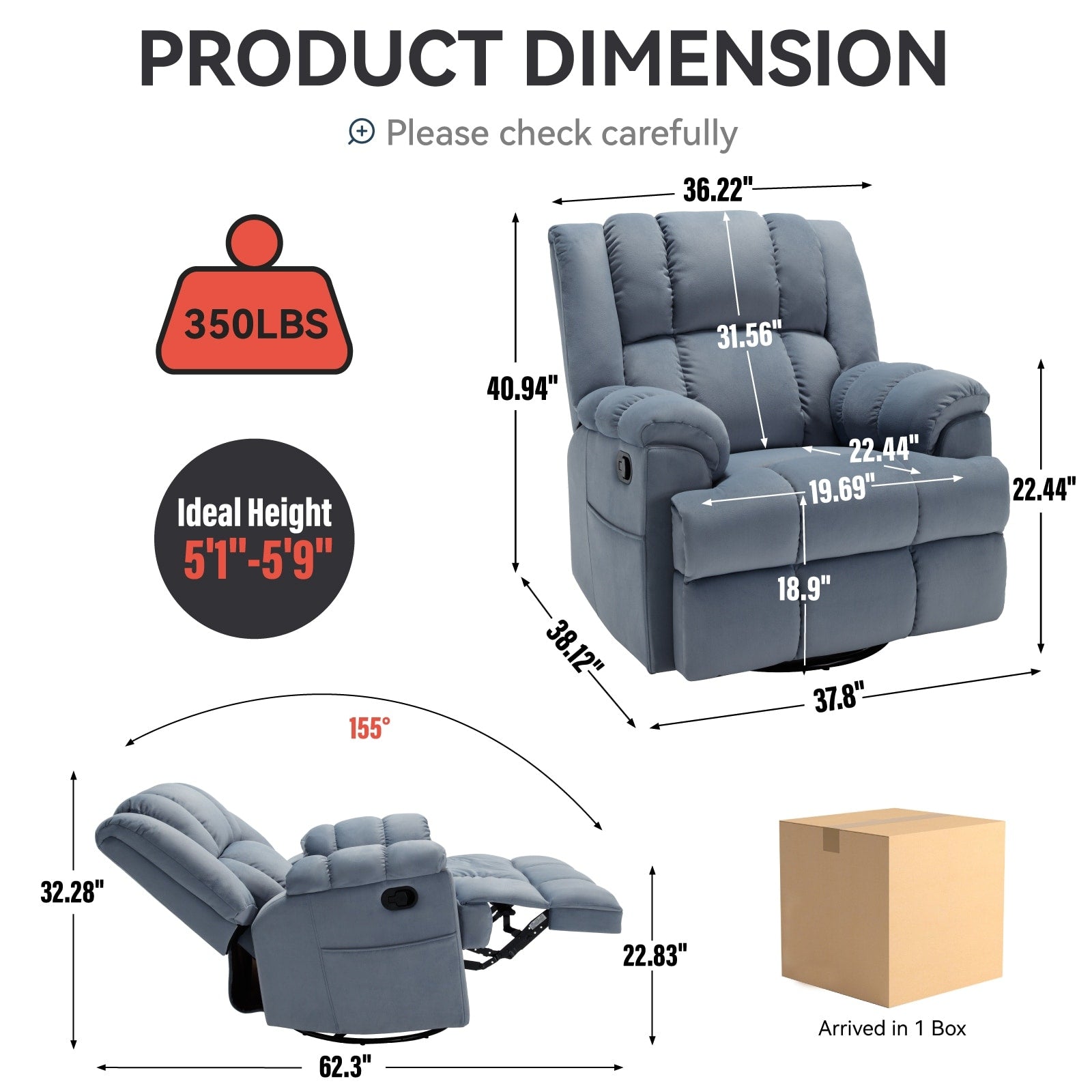 Fauteuil inclinable manuel pivotant à 360°, fauteuil inclinable en tissu à 155° avec bascule