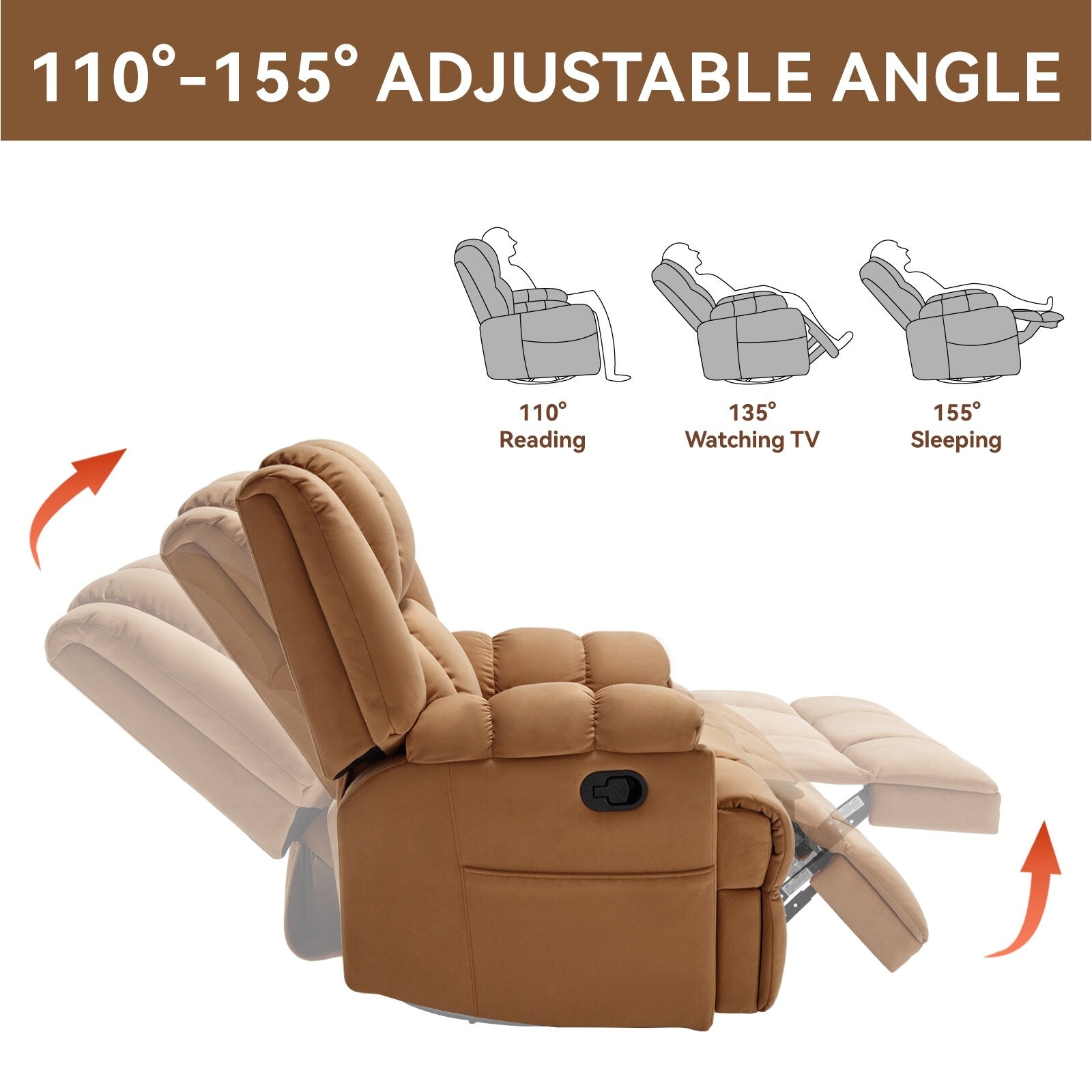 Fauteuil inclinable manuel pivotant à 360°, fauteuil inclinable en tissu à 155° avec bascule