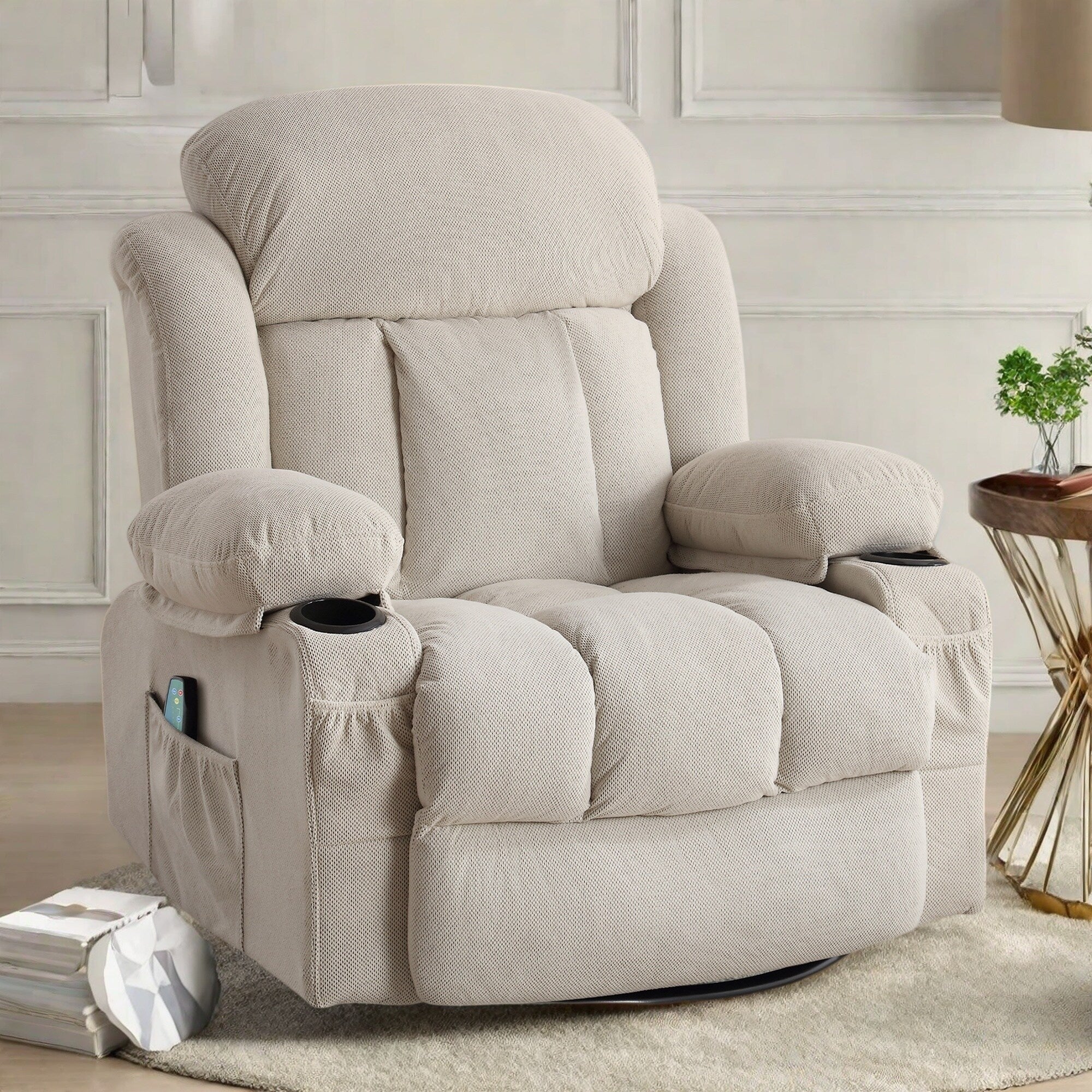 Fauteuil inclinable massant pivotant à 360° en velours doux avec chauffage, port USB, inclinaison manuelle et poches de rangement