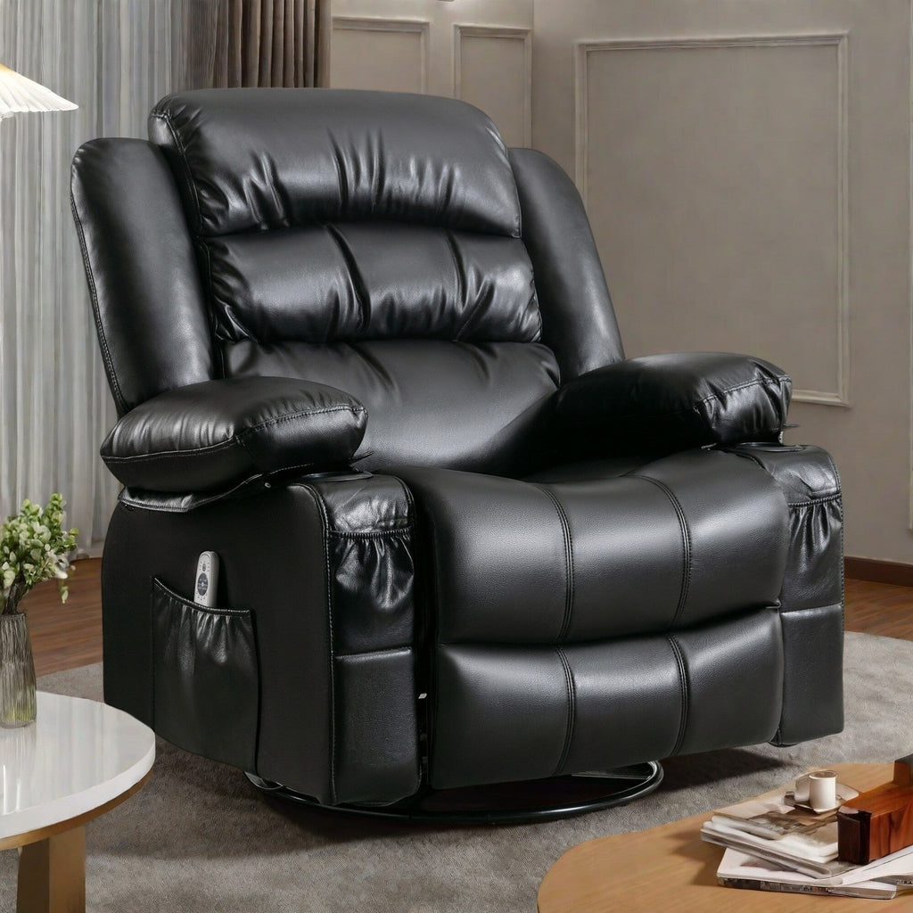 Fauteuil inclinable massant pivotant à 360° avec chauffage, cuir synthétique, massage 8 points, chargement USB et poches de rangement