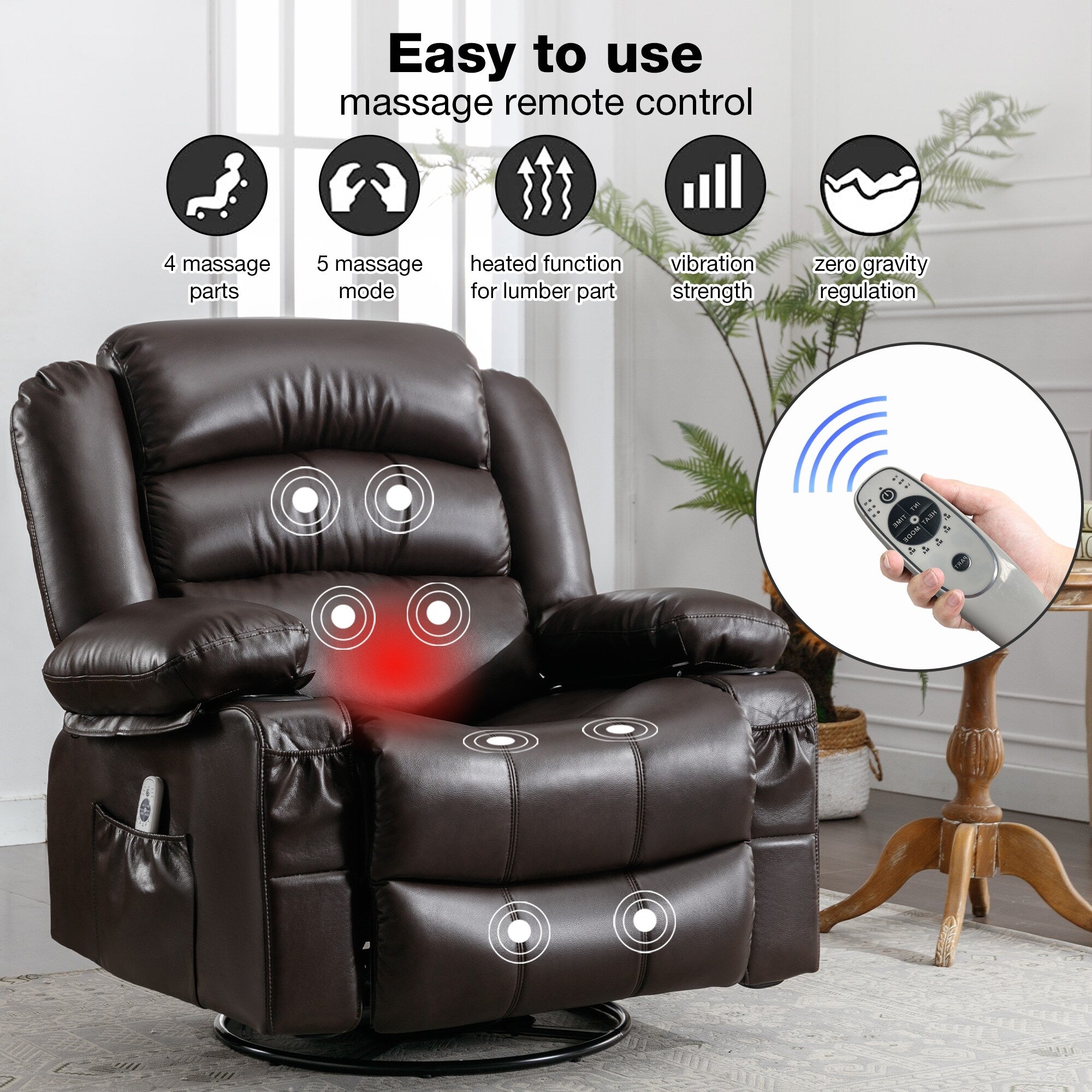 Fauteuil inclinable de massage pivotant à 360° en cuir PU, massage à 8 points et port USB