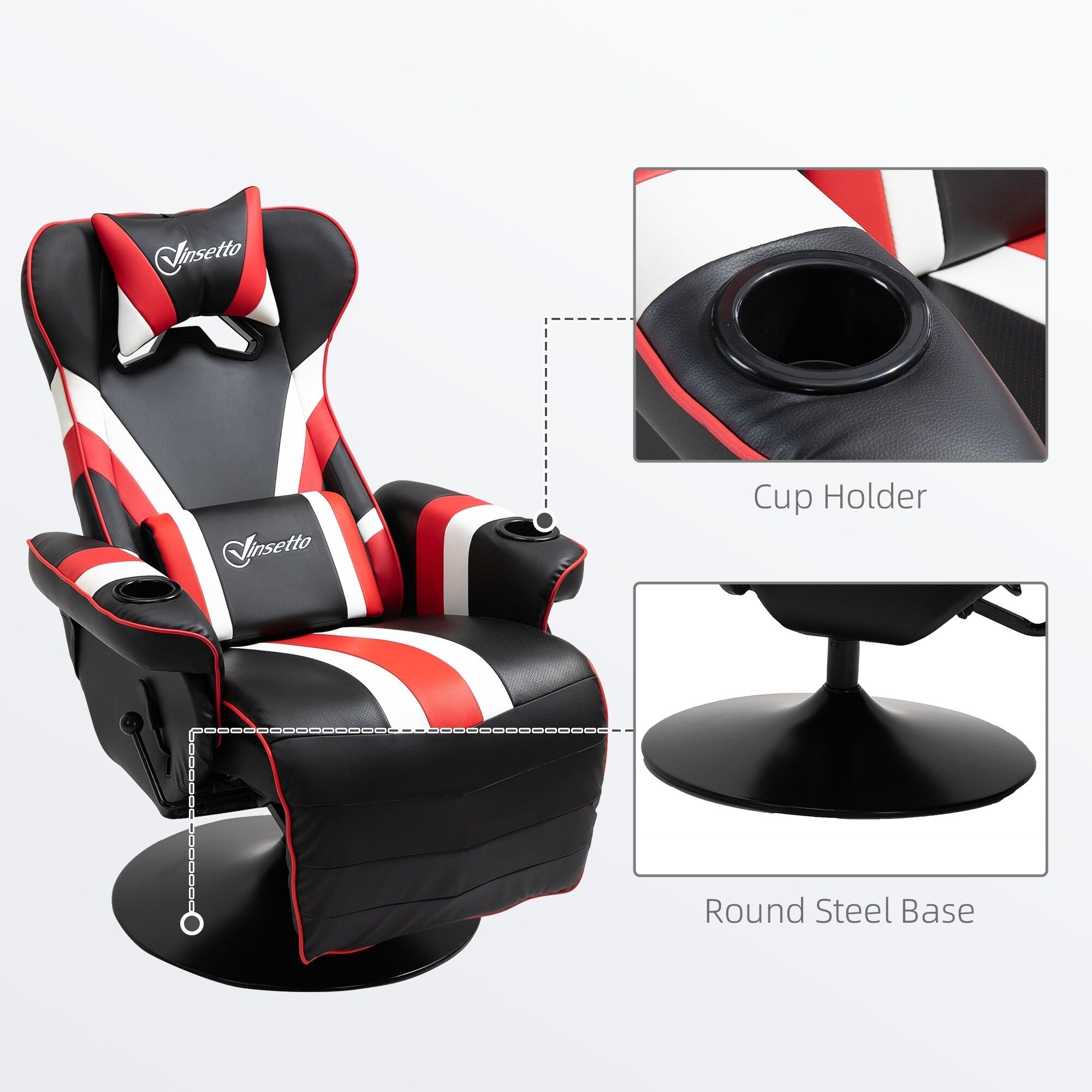 Fauteuil de jeu inclinable pivotant à 360° de style course avec support lombaire, repose-pieds et deux porte-gobelets pour salle de jeux