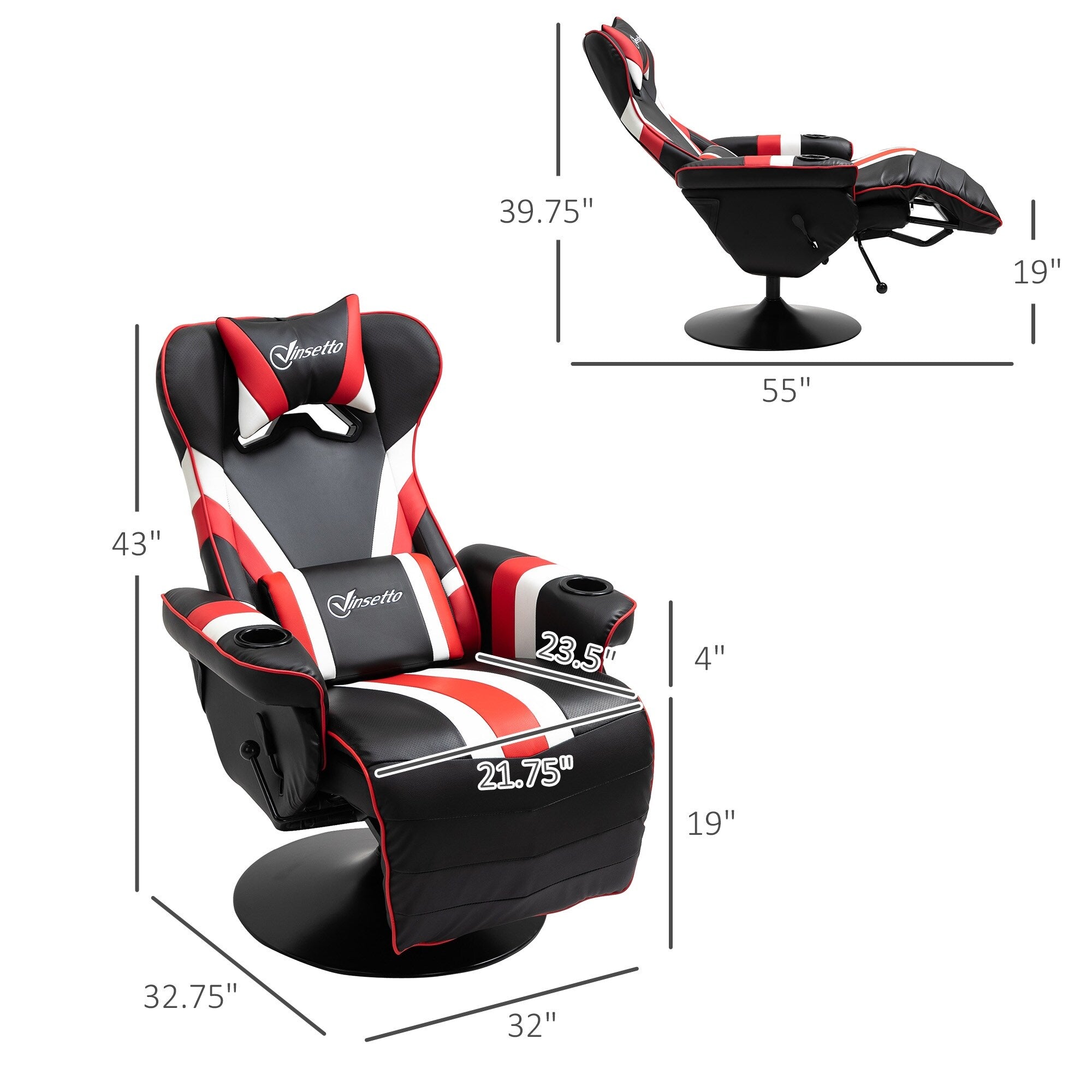 Fauteuil de jeu inclinable pivotant à 360° de style course avec support lombaire, repose-pieds et deux porte-gobelets pour salle de jeux