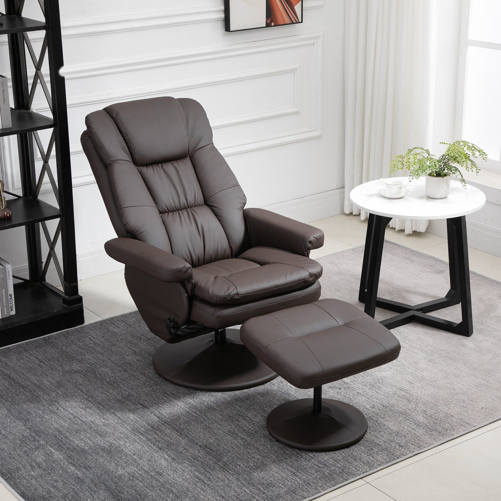 Fauteuil inclinable pivotant à 360° en cuir synthétique avec repose-pieds pour salon, chambre et bureau.