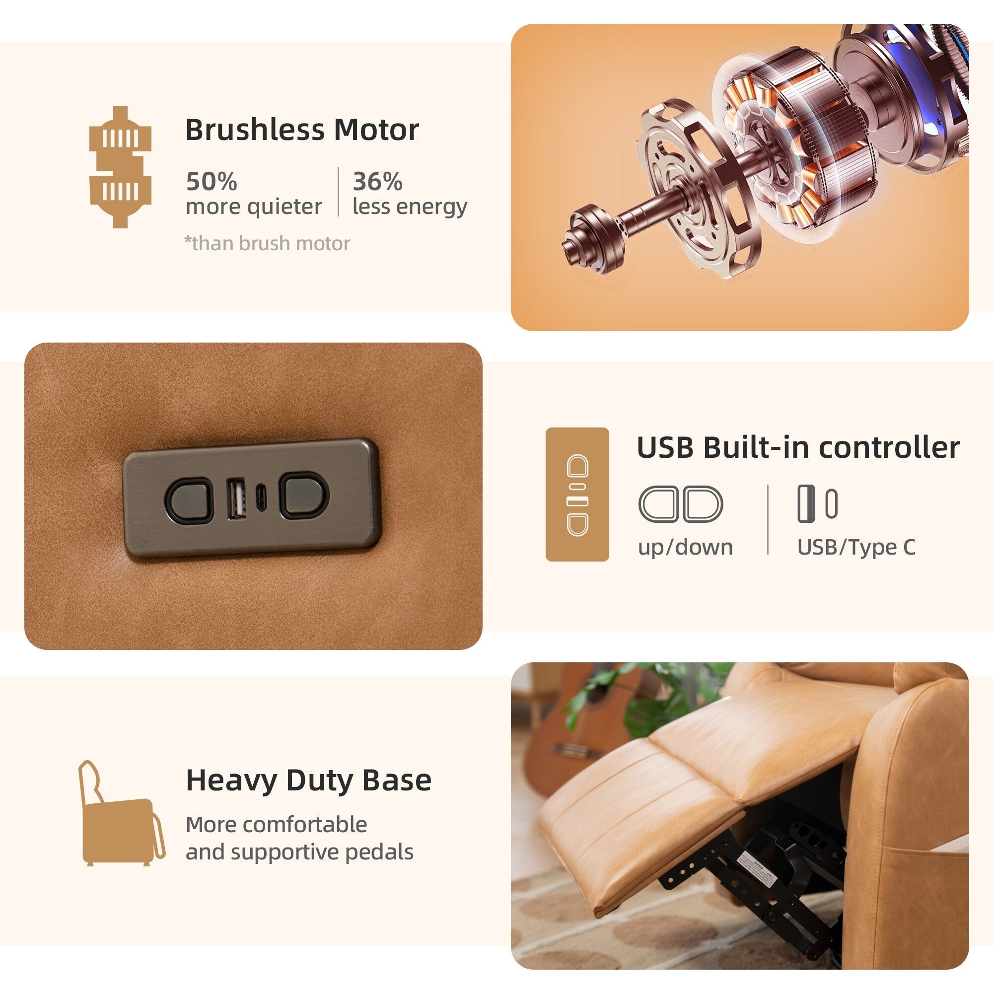 Fauteuil inclinable pivotant à 360°, fauteuil inclinable électrique à bascule, fauteuil inclinable rembourré en similicuir avec ports USB Type-C