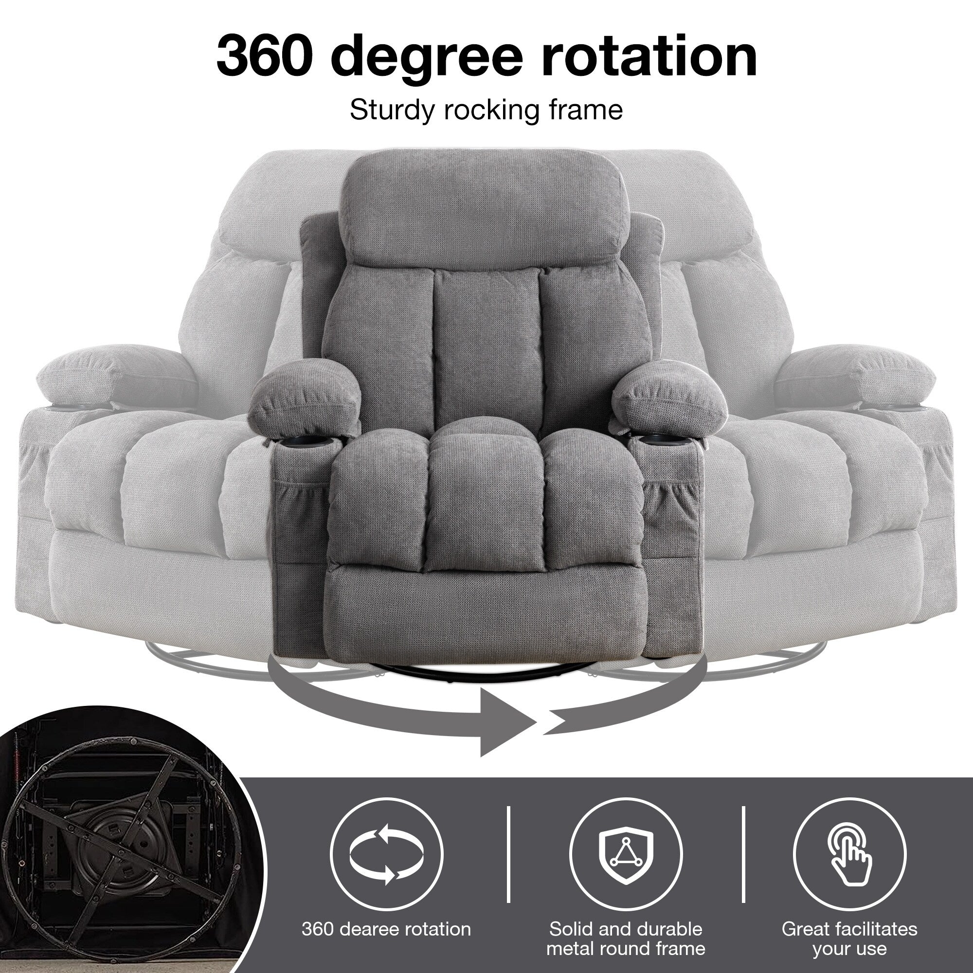Fauteuil inclinable pivotant à 360° avec massage, chauffage, port USB et porte-gobelets