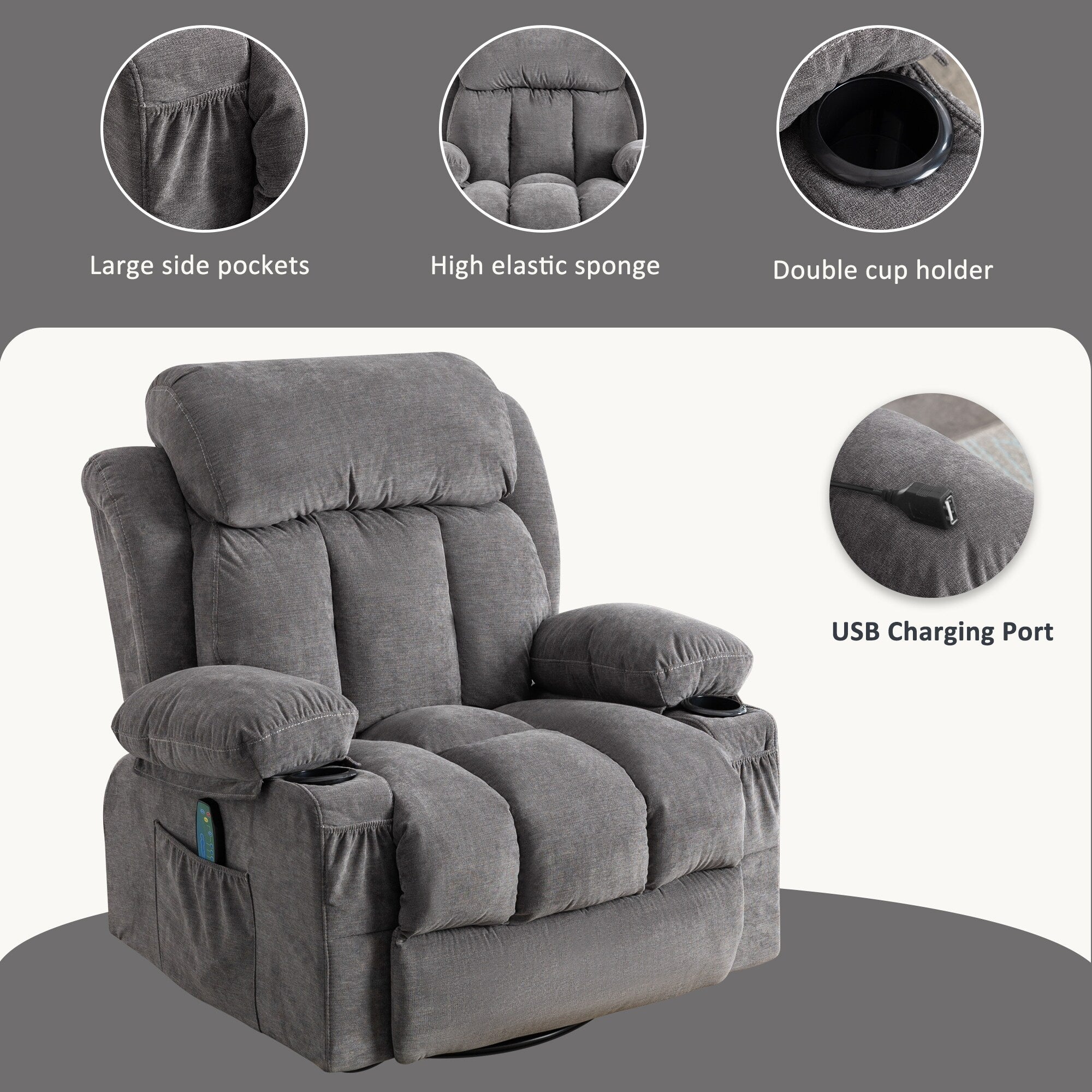 Fauteuil inclinable pivotant à 360° avec massage, chauffage, chargement USB, deux porte-gobelets et poches latérales spacieuses