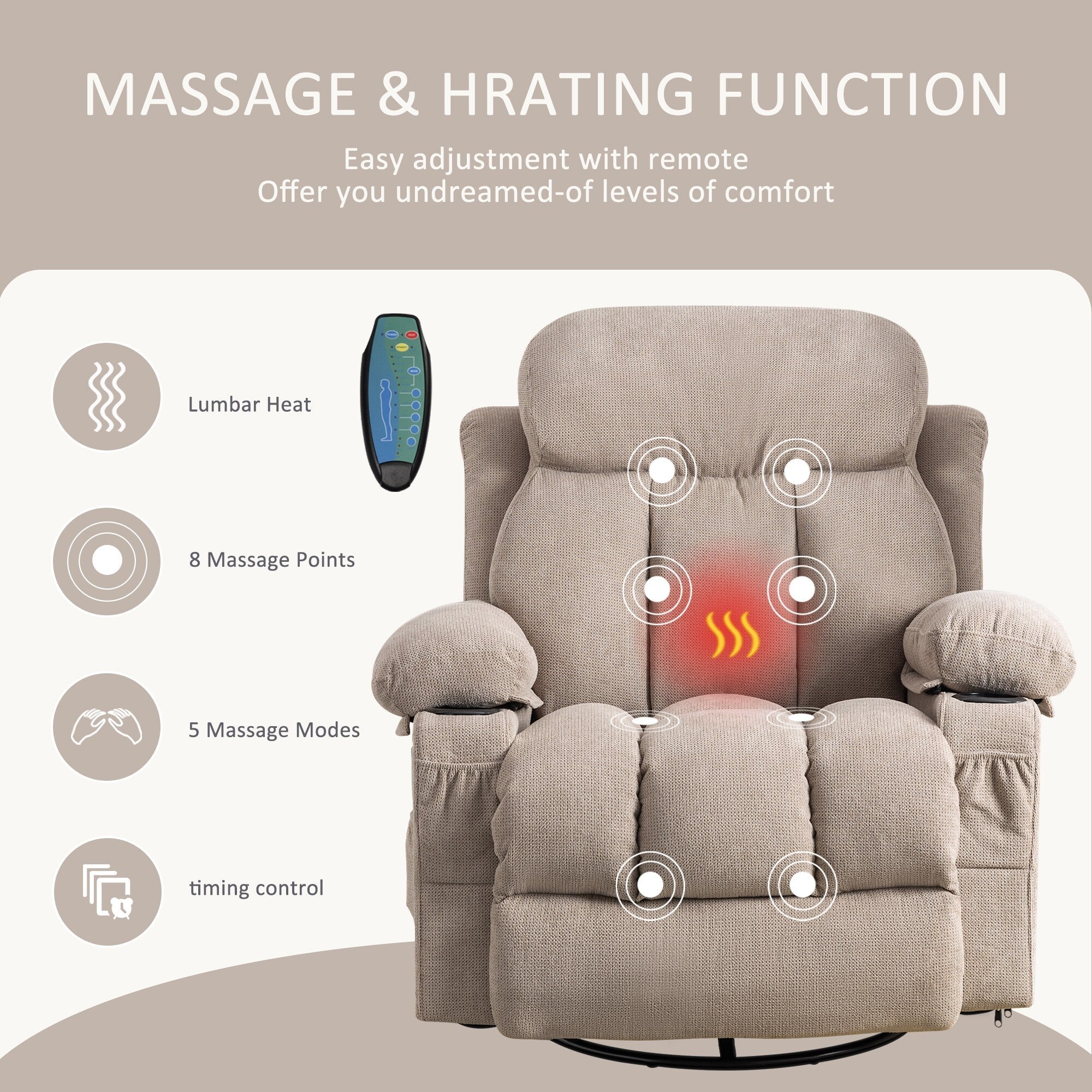 Fauteuil inclinable pivotant à 360° avec massage, chauffage, chargement USB, deux porte-gobelets et poches latérales spacieuses